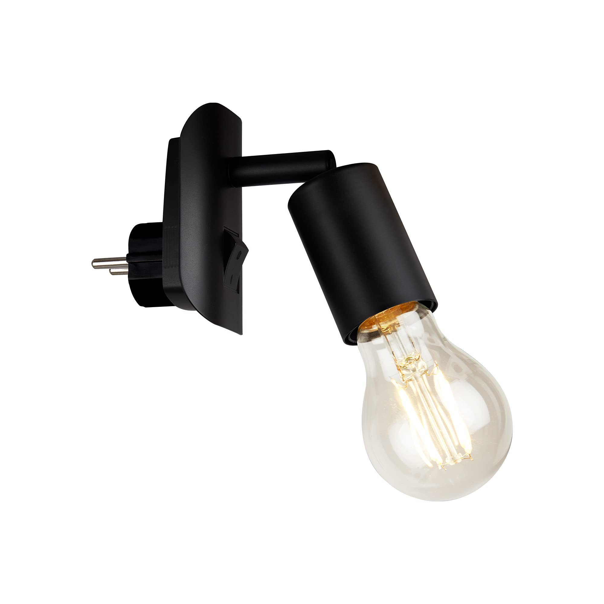 BRILONER - Lampada a spina, Lampada da parete, Luce da presa a muro, Luce notturna, 1 lampadina E27, max. 25 Watt, interruttore on/off, in metallo, 95x67x78mm (LxPxA), colore: Nero