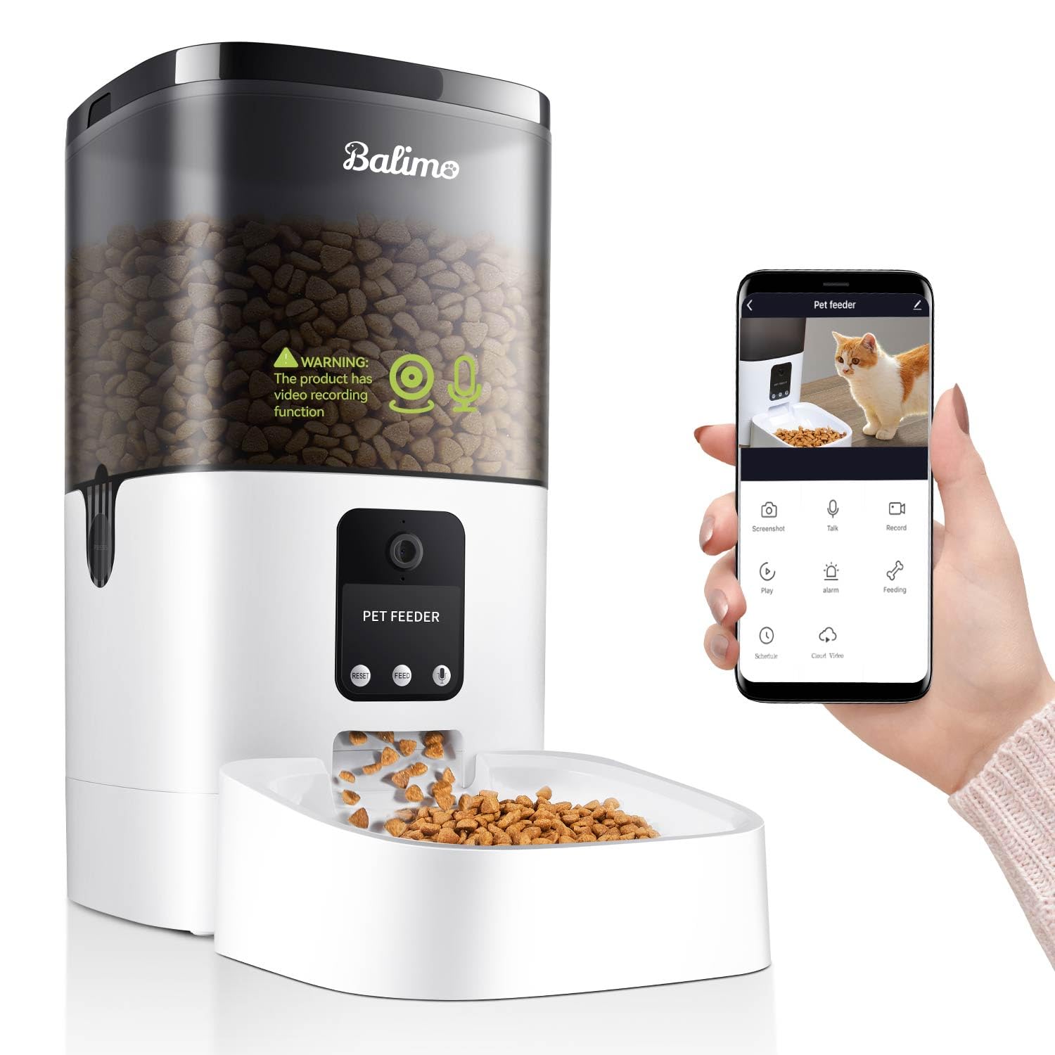 Balimo Distributore Automatico Cibo Gatti con Telecamera 1080P, 2.4G WiFi Dispenser Crocchette Gatto, 4L Distributore Automatico Cibo Cani con APP Video Audio Visione, Da 1 a 8 pa…