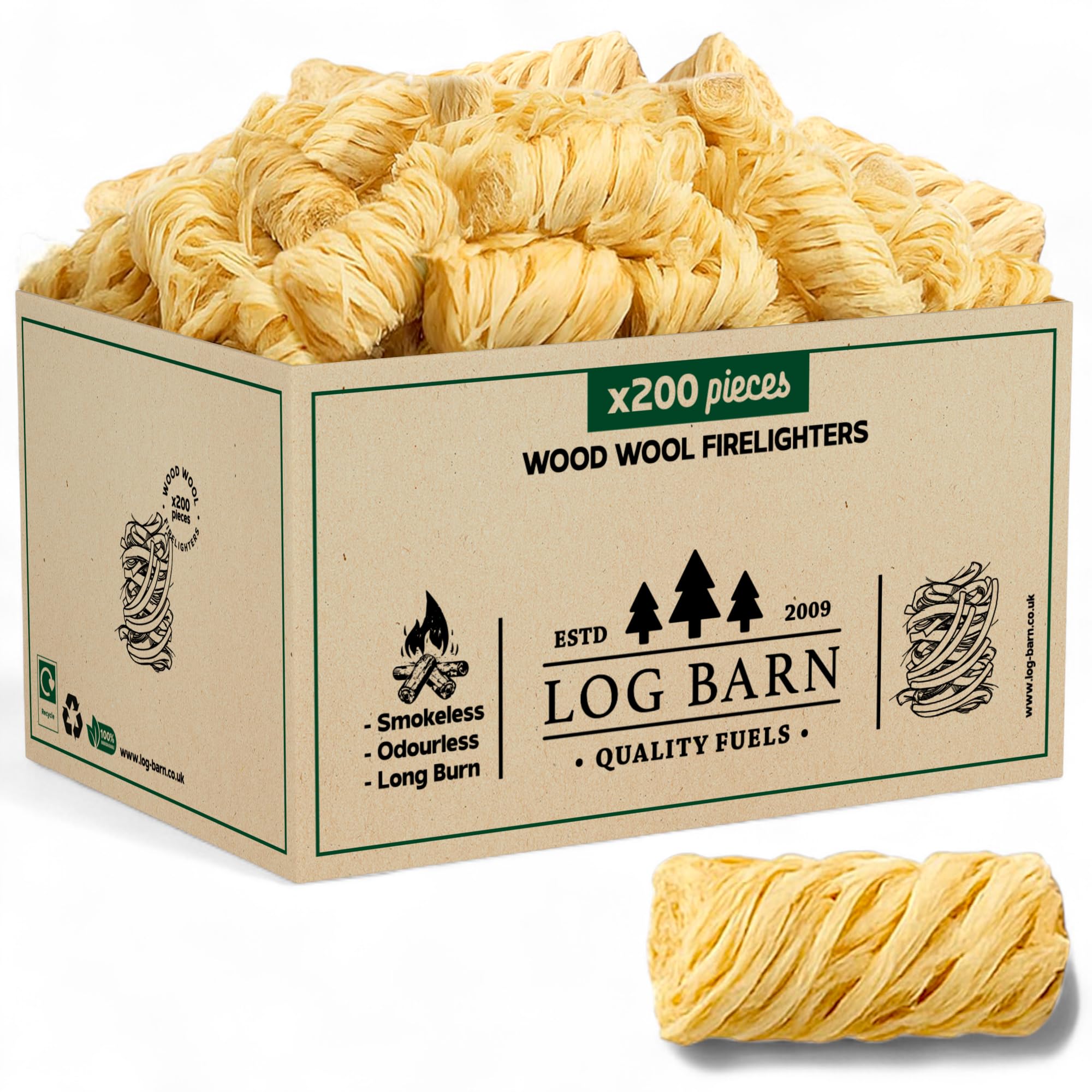 Log Barn Accendifuoco Naturale - Confezione da 200, Accendifuoco Ecologico per Stufe a Legna, Forno per Pizza, Camino, Falò, Accendi Fuoco per Barbecue – Legna da Ardere Originale…