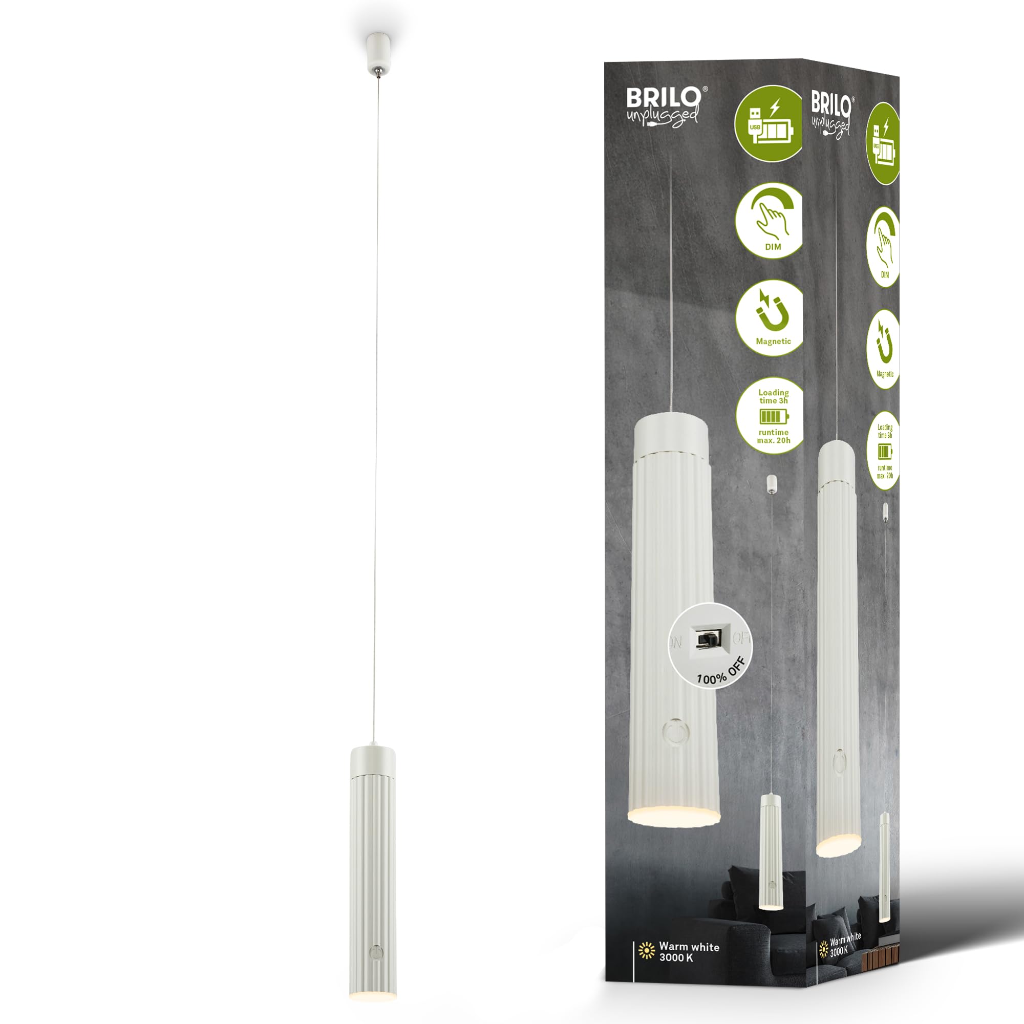 BRILONER - Lampadario a sospensione LED a batteria, touch, dimmerabile, regolabile in altezza, bianco caldo, senza presa elettrica, lampadario cucina, soggiorno, cameretta, 4,5 x…