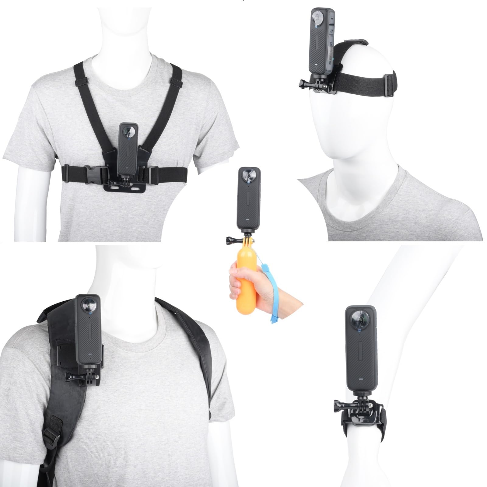 YEHOLDING 10 in 1 Action Cam Kit per Insta360 X5,X4 Air,X4,X3,X2,Ace Pro,Ace, Pettorina, Cinghie per testa, Fascia da polso, Clip per Zaino,Impugnatura Galleggiante Compatibile co…