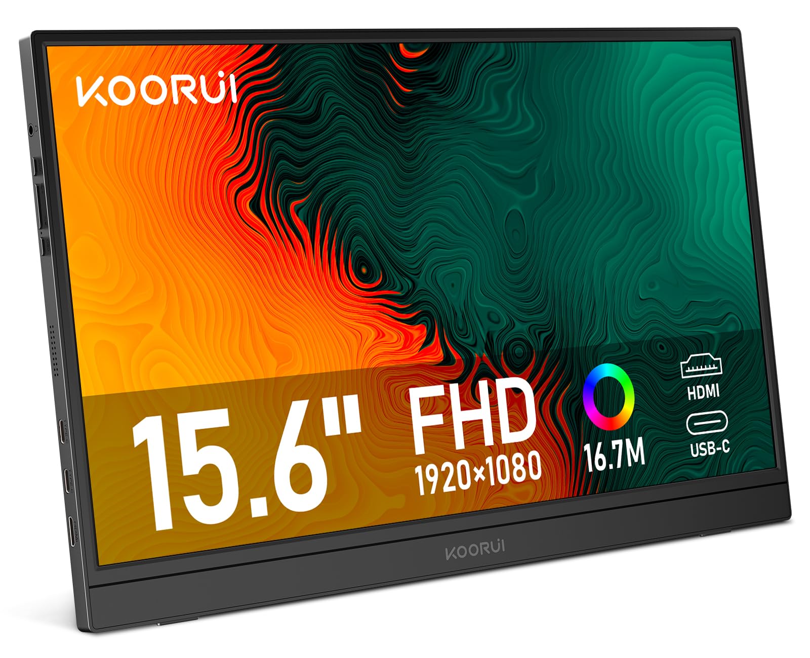 KOORUI Monitor Portatile15.6 FHD Altoparlanti Incorporati HDMI USB Type C | IPS, 60Hz, Plug-and-Play, Eye Care, per PC, Laptop, Xbox,Mac, PS 3/4/5, FHD 1920x1080
