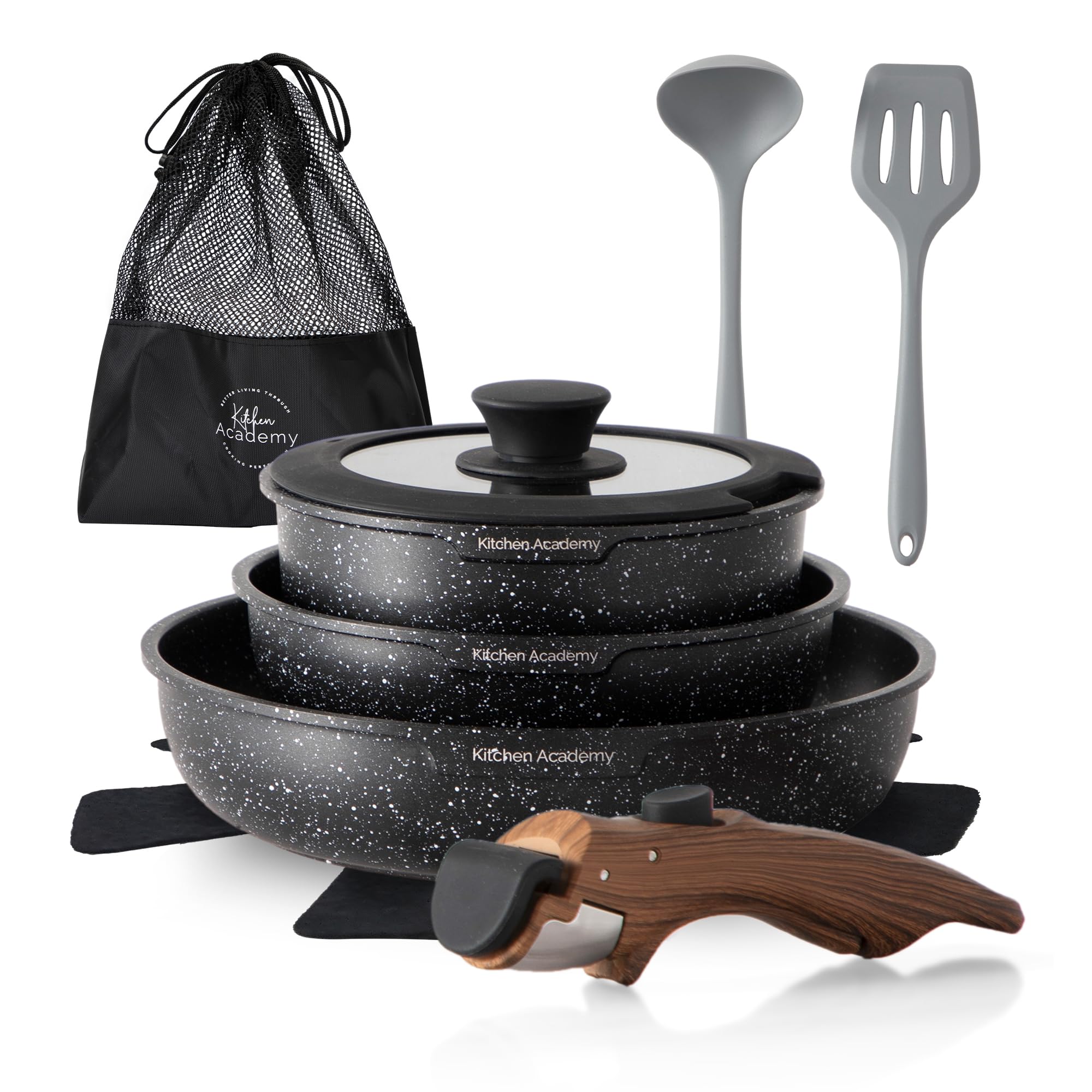 Kitchen Academy Set di Pentole da 10 Pezzi, con Manico Rimovibile, Nero | Set di Pentole con Coperchi in Vetro, Rivestimento in Marmo, Rivestimento Antiaderente Manico Liscio Vena…