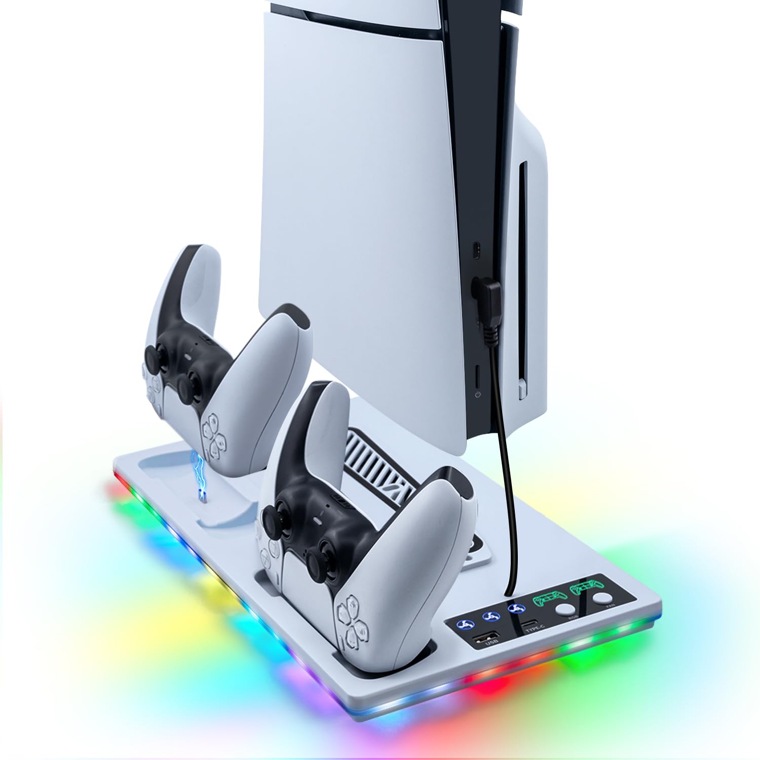 Wigearss Supporto Verticale Raffreddamento PS5/PS5 Slim/PS5 Pro con Doppio Caricatore Controller, Base di Ricarica Joystick PS5 con Ventola Raffreddamento, Illuminazione RGB per P…