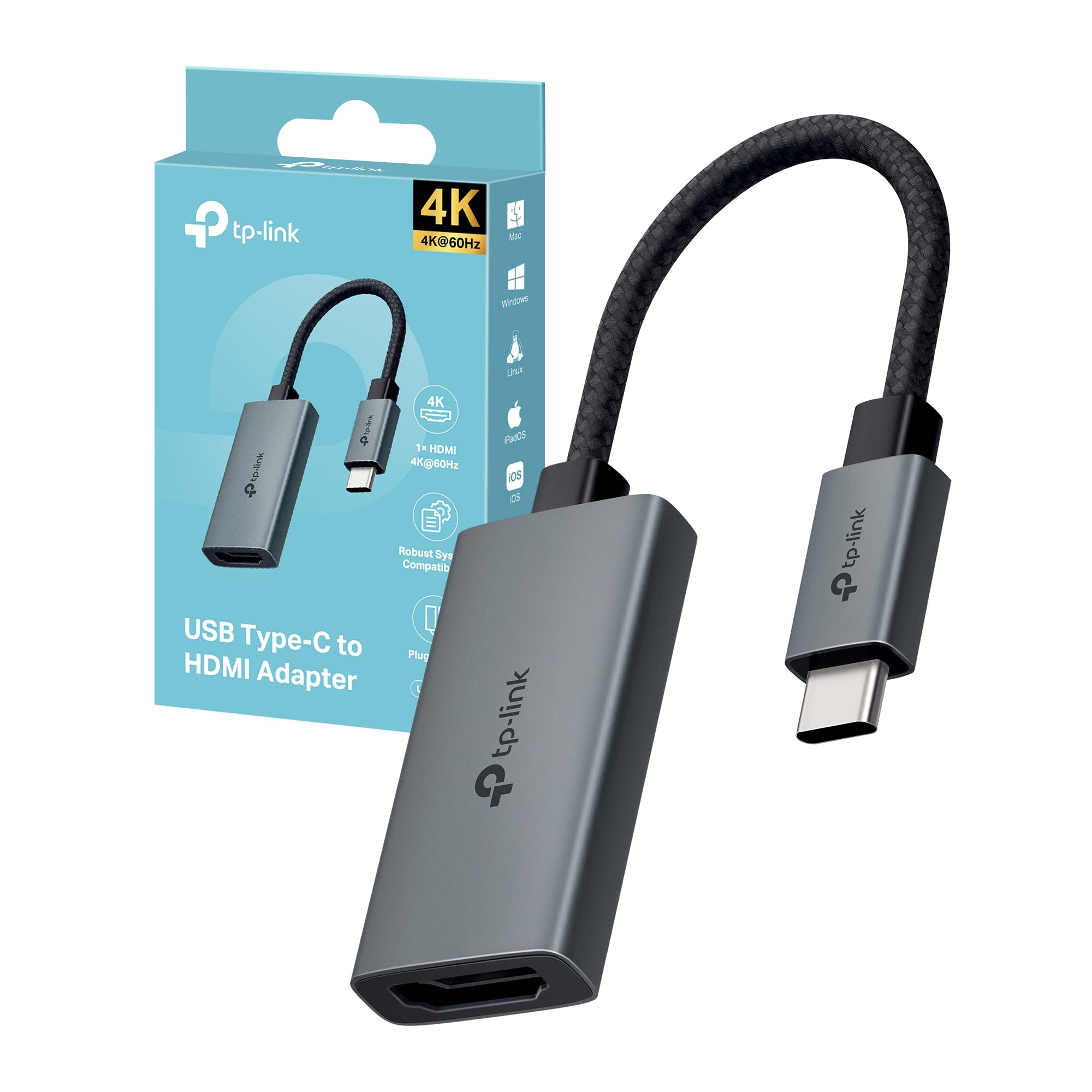 TP-Link UA520C Adattatore USB-C HDMI 4K 60Hz Cavo Intrecciato Display | Per Lavoro, Film e Presentazioni, Collega Dispositivi a Schermi Esterni, Cavo da 100 mm, MacOS, Windows, iP…