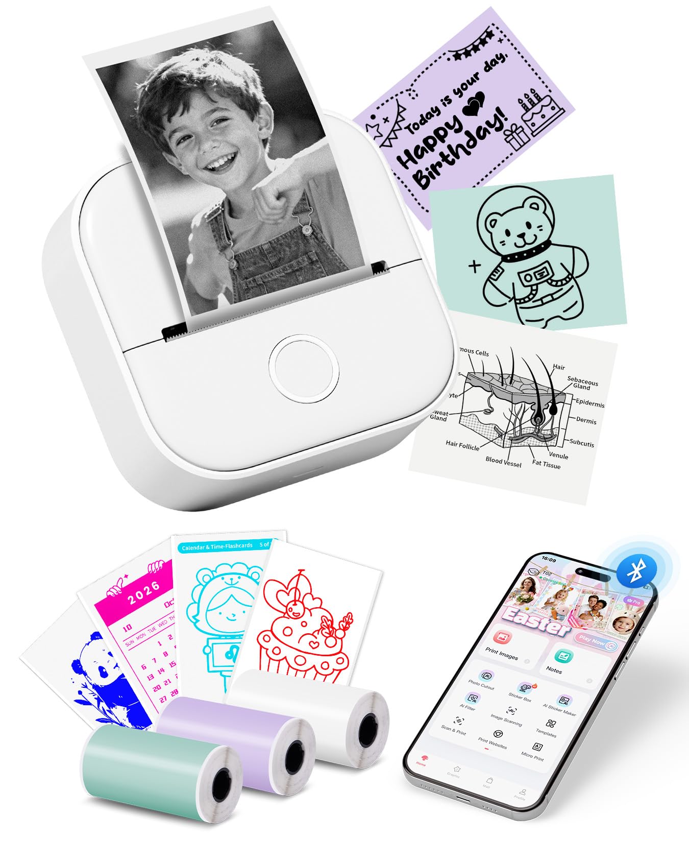 Mini Stampante Portatile - T02 Mini Photo Printer con 3 Rotoli di Carta | Stampante Termica Fotografica Bluetooth per Compleanno dei Bambini, Sticker Printer Compatibile con Telef…