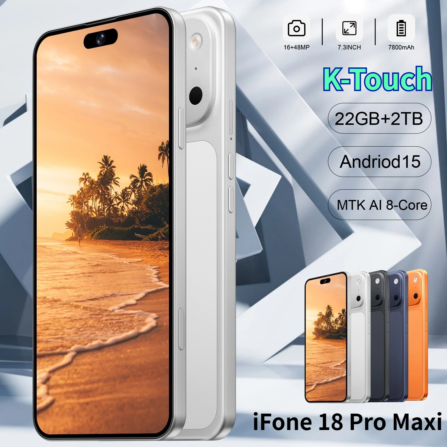 K-Touch Nuovi Telefoni Cellulari iFone 18 Pro Maxi Smartphone Android 5G Telefono Cellulare 7.3 HD Originale 22GB+2TB Face ID Dual SIM Batteria 7800mAh