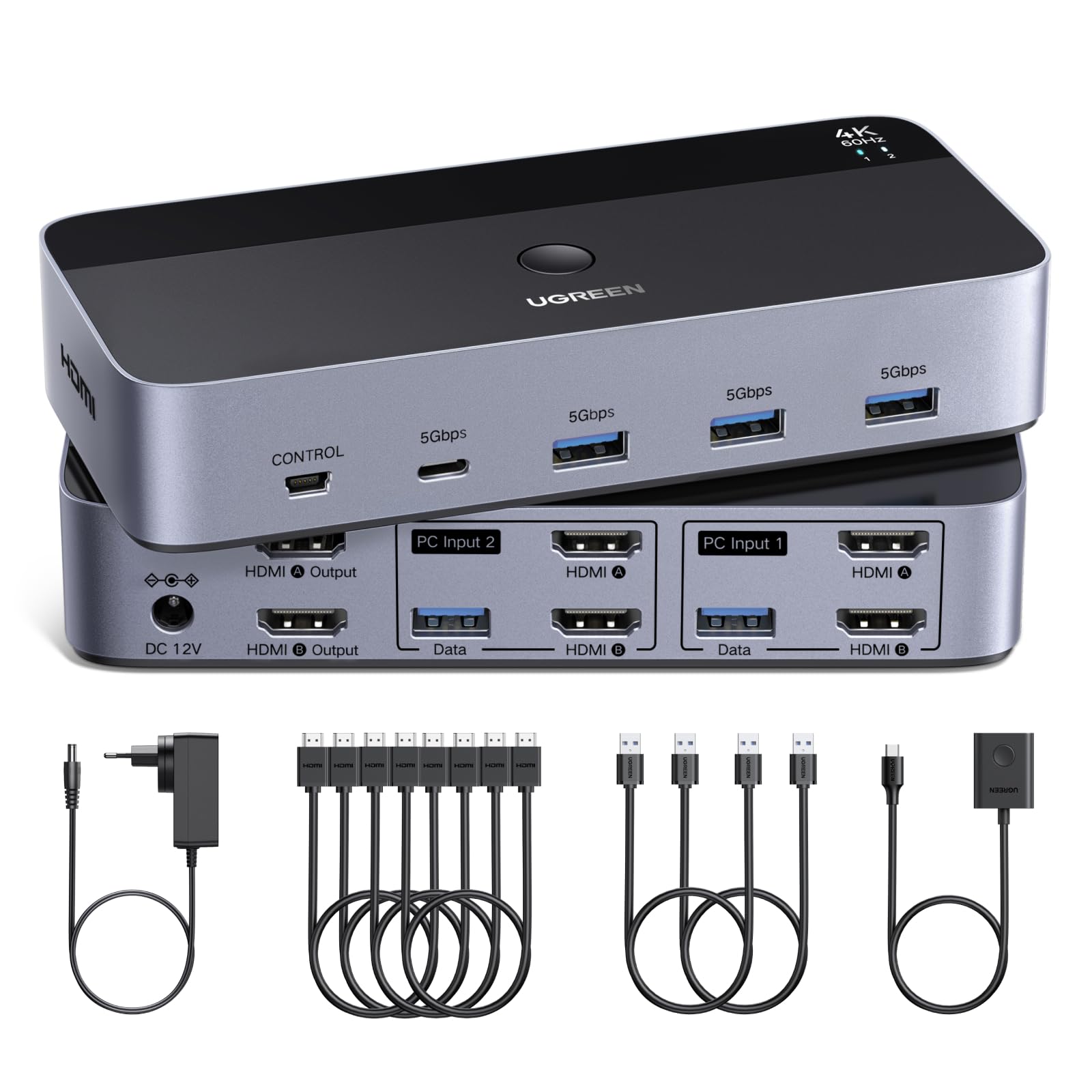 UGREEN Switch KVM HDMI 2.0 2 ingressi 2 uscite 4K 60Hz per 2 PC | 4 porte USB 5Gbps per tastiera, mouse, disco rigido, controller desktop compatibile con Windows, Linux, macOS