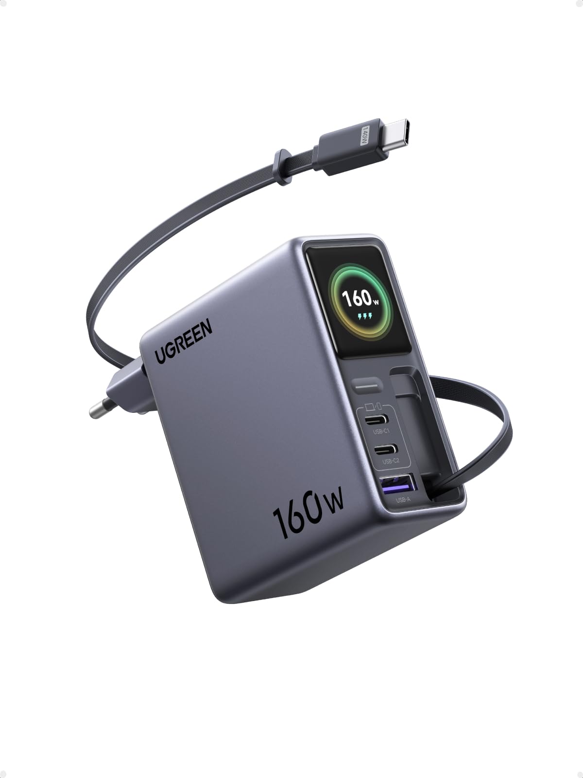 UGREEN Nexode Pro 160W Caricatore Retrattile USB C Ricarica Schermo TFT | PD 3.1 Allimentatore 140W Max 4 Porte Compatibile con MacBook iPad iPhone 17 Pro Max Air 16 PPS 45W Galax…