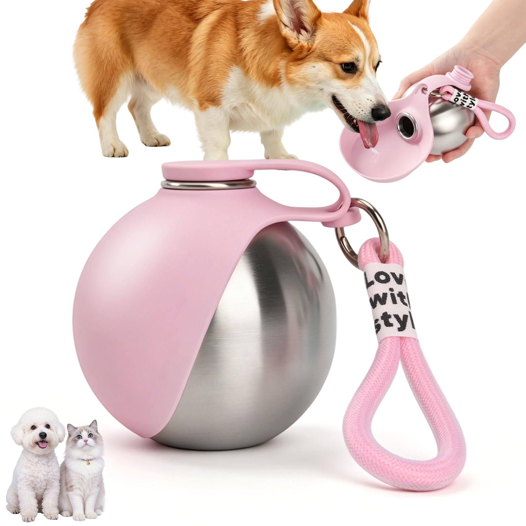 LTFIOON Borraccia per Cani Portatile, 285ml Bottiglia in Acciaio Inox per Cani, Borraccia Anti-perdite con Ciotola Pieghevole in Silicone, Borraccia da Viaggio per Dog per Passegg…