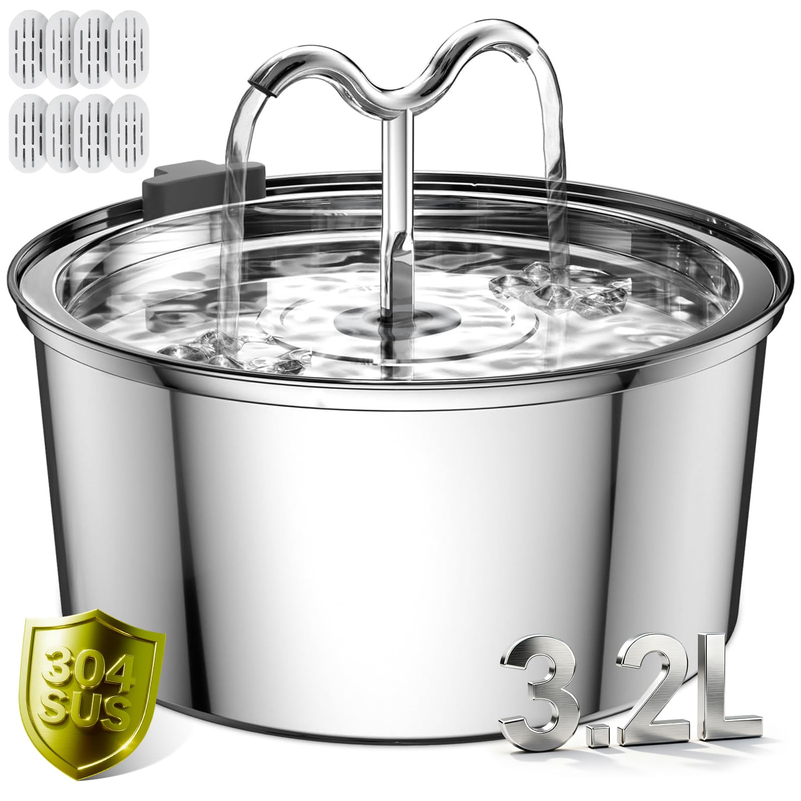 DOOOB Fontanella per Gatti Acciaio, 3.2L/108oz Fontana per Gatti | Automatico Fontanella Gatto Acciaio con Pompa Ultra Silenziosa, Fontanella per Gatti con 8 Filtri e 8 Spugne