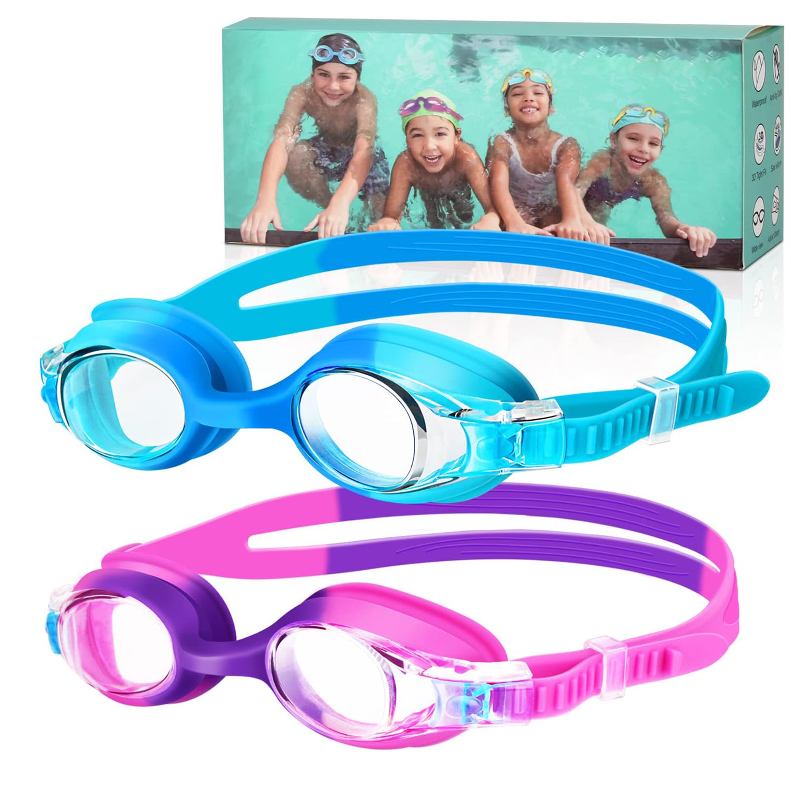 Starweh Occhialini subacquei per bambini, 2 pezzi, da 3 a 14 anni, anti-appannamento, impermeabili, in morbido silicone, con custodia portatile, per ragazze e ragazzi