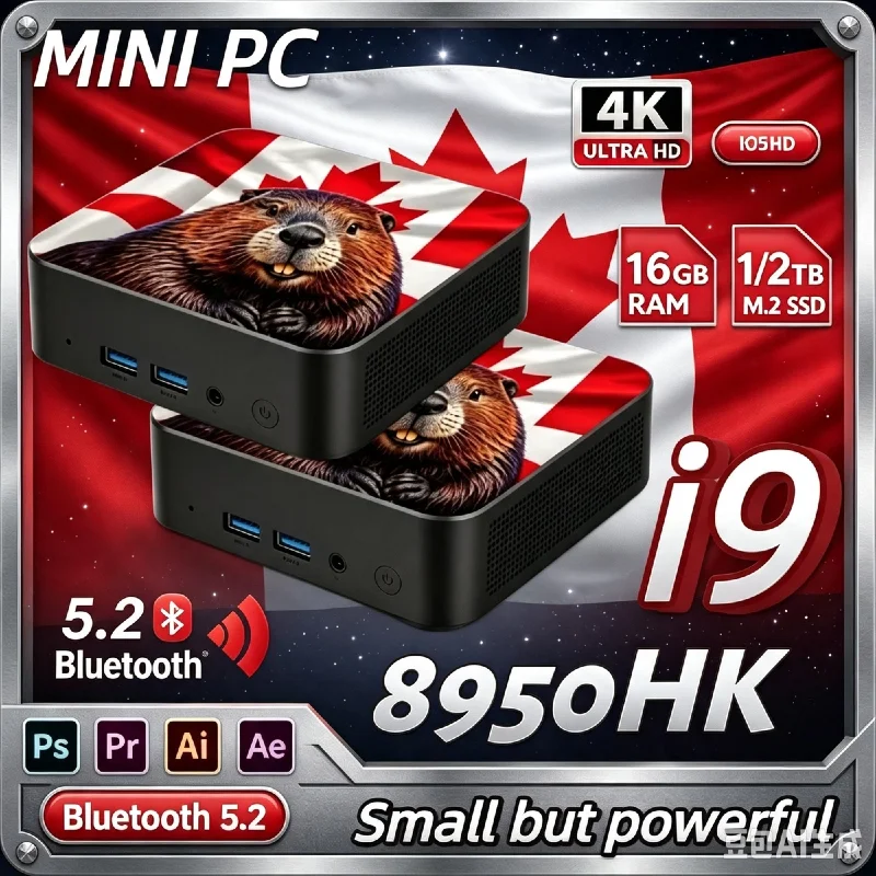 Mini PC Ultra Sottile 2026 con Bandiera Canadese, Intel Core i9‑8950HK, 16GB RAM, 2TB SSD, Computer Desktop per Studio, Ufficio e Gaming Leggero