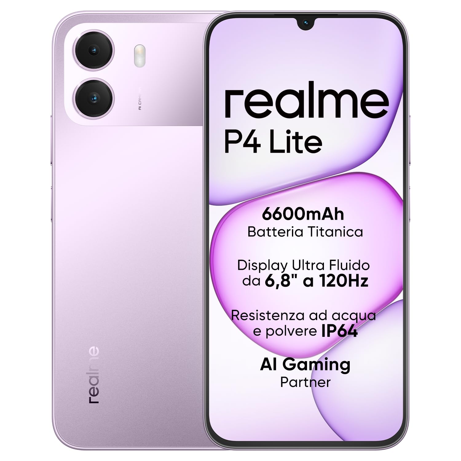 Smartphone realme P4 Lite 4G, 4GB+128GB, Display LCD HD 120Hz 6,8", Batteria Titan 6600mAh, Ricarica 15W, Ricarica inversa 6W, IP64, Sistema Next AI, Viola Pulse (Senza caricabatt…