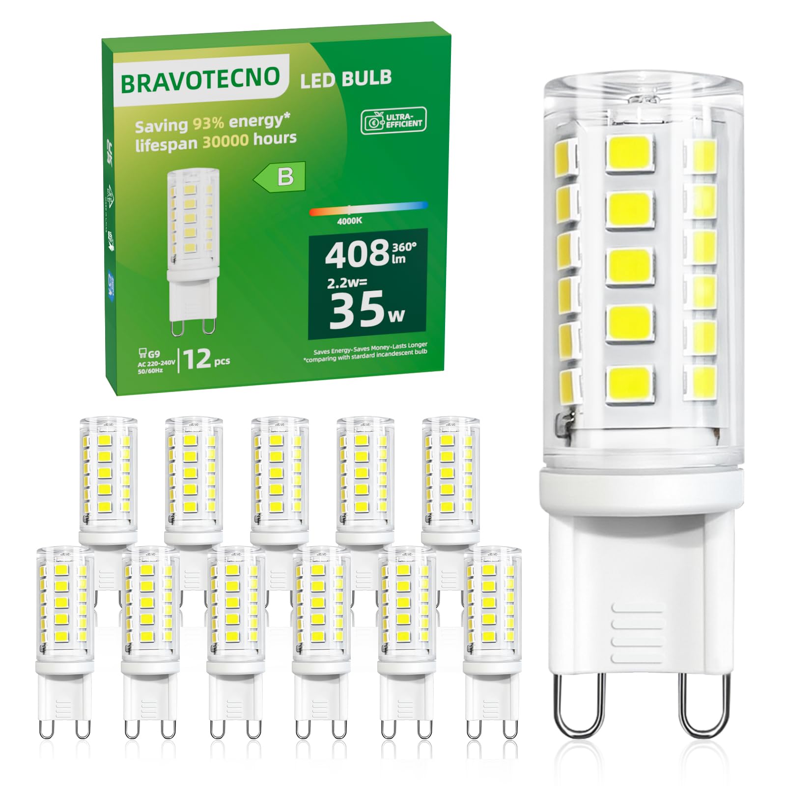 bravotecno Lampadine LED G9, Classe Energetica B, G9 LED Luce naturale 4000K, 2.2W 408LM, Equivalente a 35W, Angolo di Illuminazione 360°, Non Dimmerabile, Basso Calore & Lunga Du…