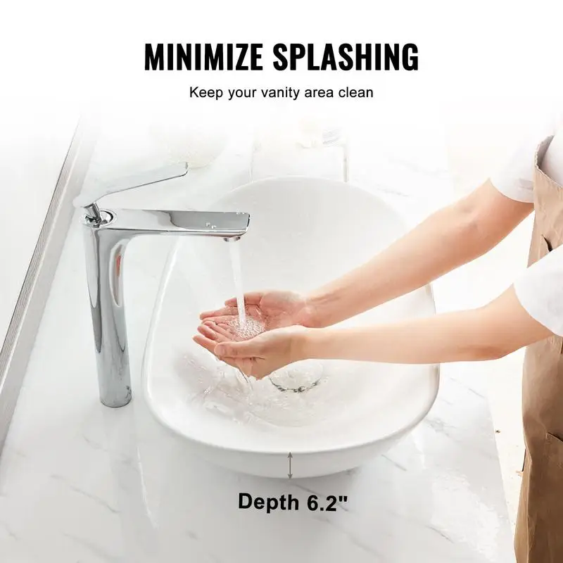 Lavabo da appoggio ovale in ceramica bianca, dimensioni 592×361×158 mm, design moderno con elevato paraspruzzi e drenaggio efficiente, fondo antiscivolo, adatto per bagni, hotel e…