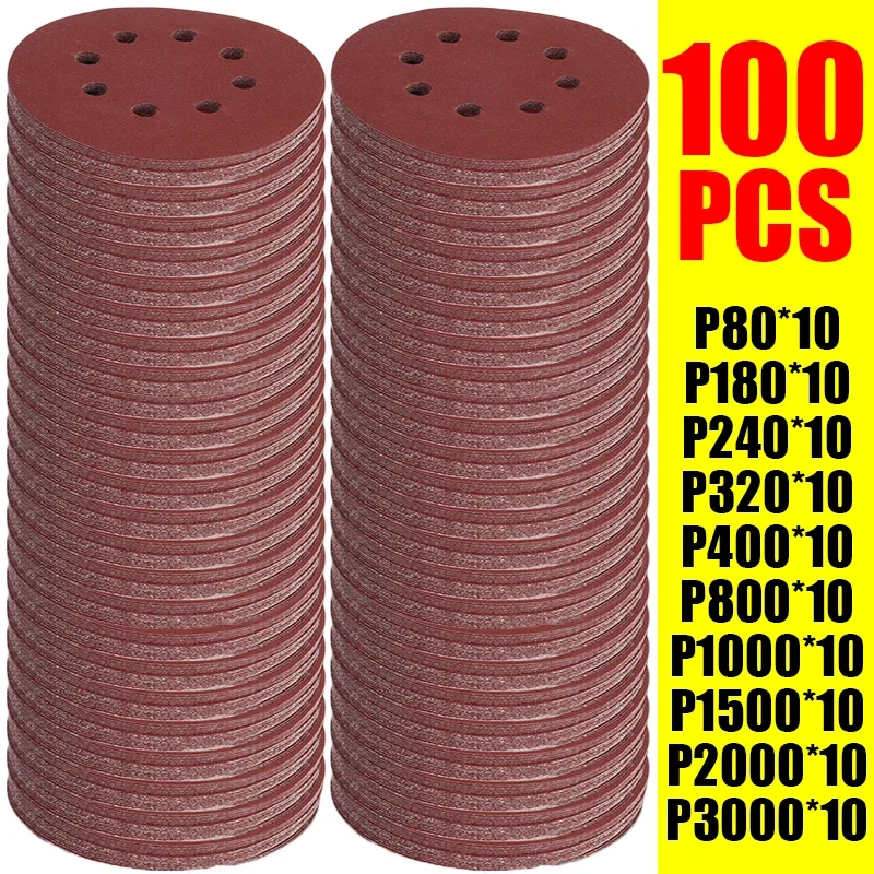 100 Pezzi Dischi Abrasivi a 8 Fori con Velcro 125mm Grana 80-3000 per Levigatrice Roto-Orbitale