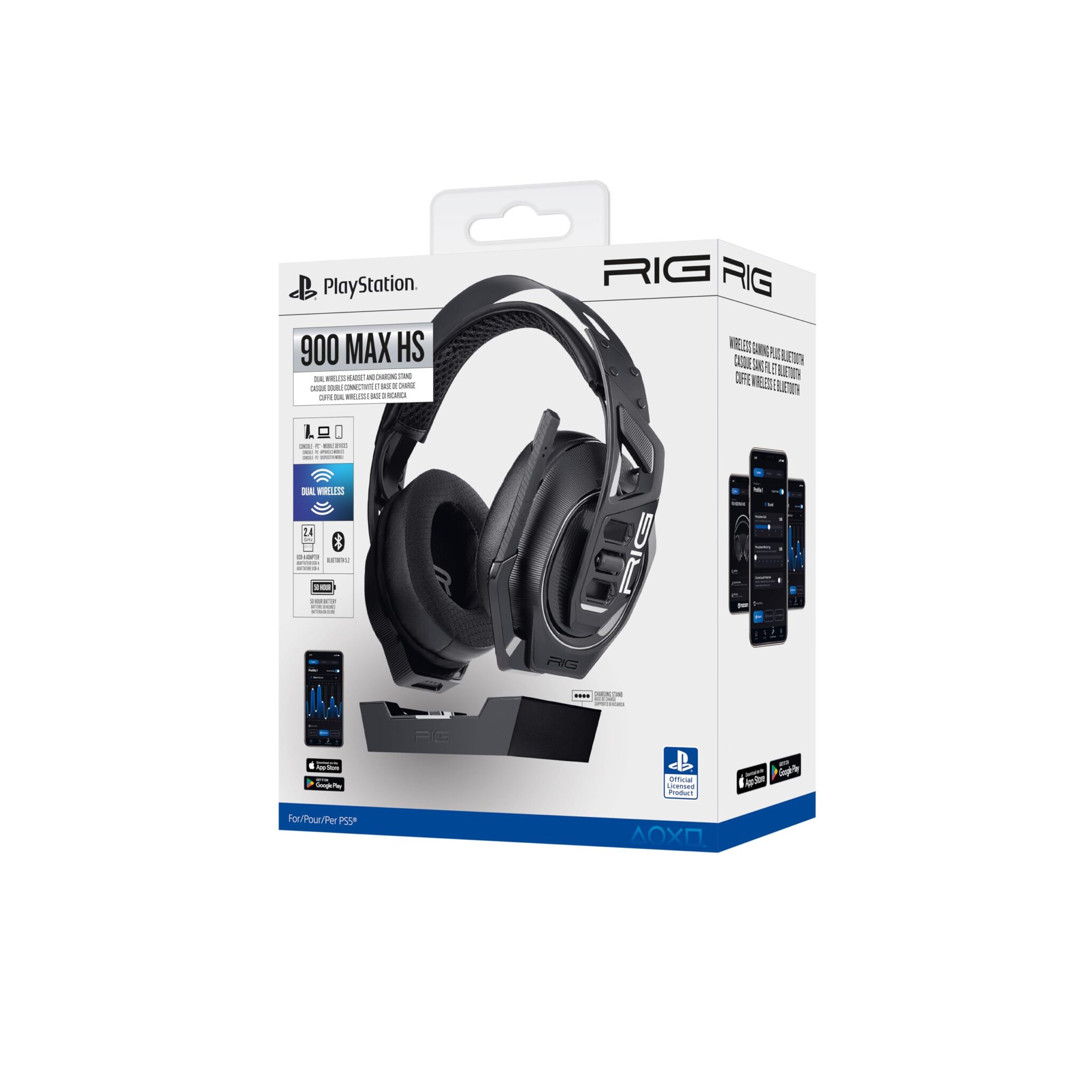 Cuffie da gioco e stazione base Bluetooth, connessione 2,4 GHz autonomia 60 ore ufficiale PlayStation 5 compatibile con PC RIG900