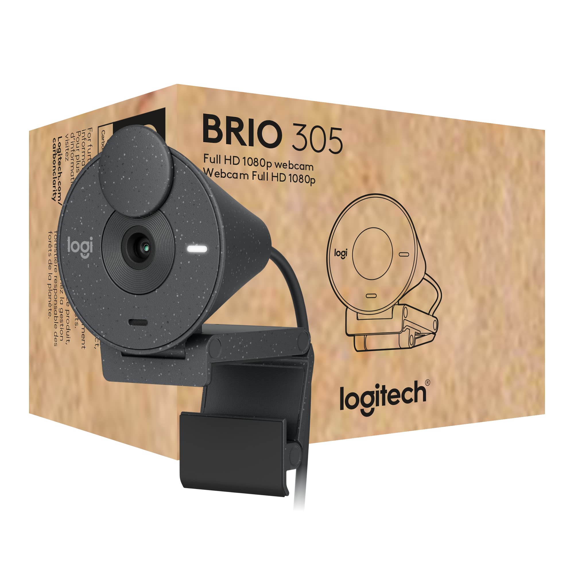 Logitech Brio 305 Full HD Webcam con correzione dell'illuminazione | Microfoni riduzione rumore, copriobiettivo, USB-C, compatibile Microsoft Teams, Zoom, Google Meet - Grafite