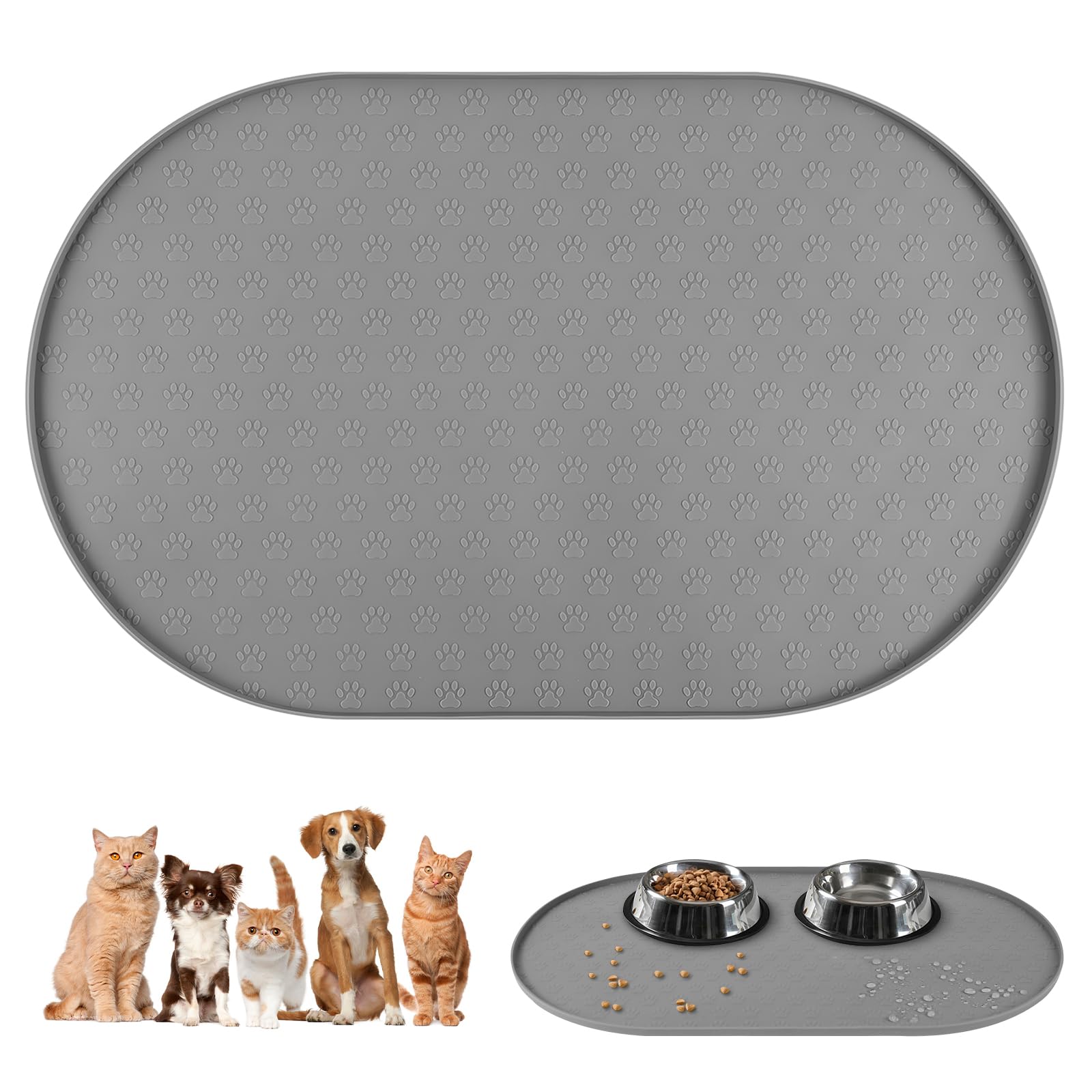 Adiwo Tappetino Ciotola Cane Antiscivolo, Tappetini Impermeabili di Alimentazione del Cane e del Gatto Antiscivolo in Silicone per Cibo e Acqua, Facile da Pulire, 50x25 cm, Grigio
