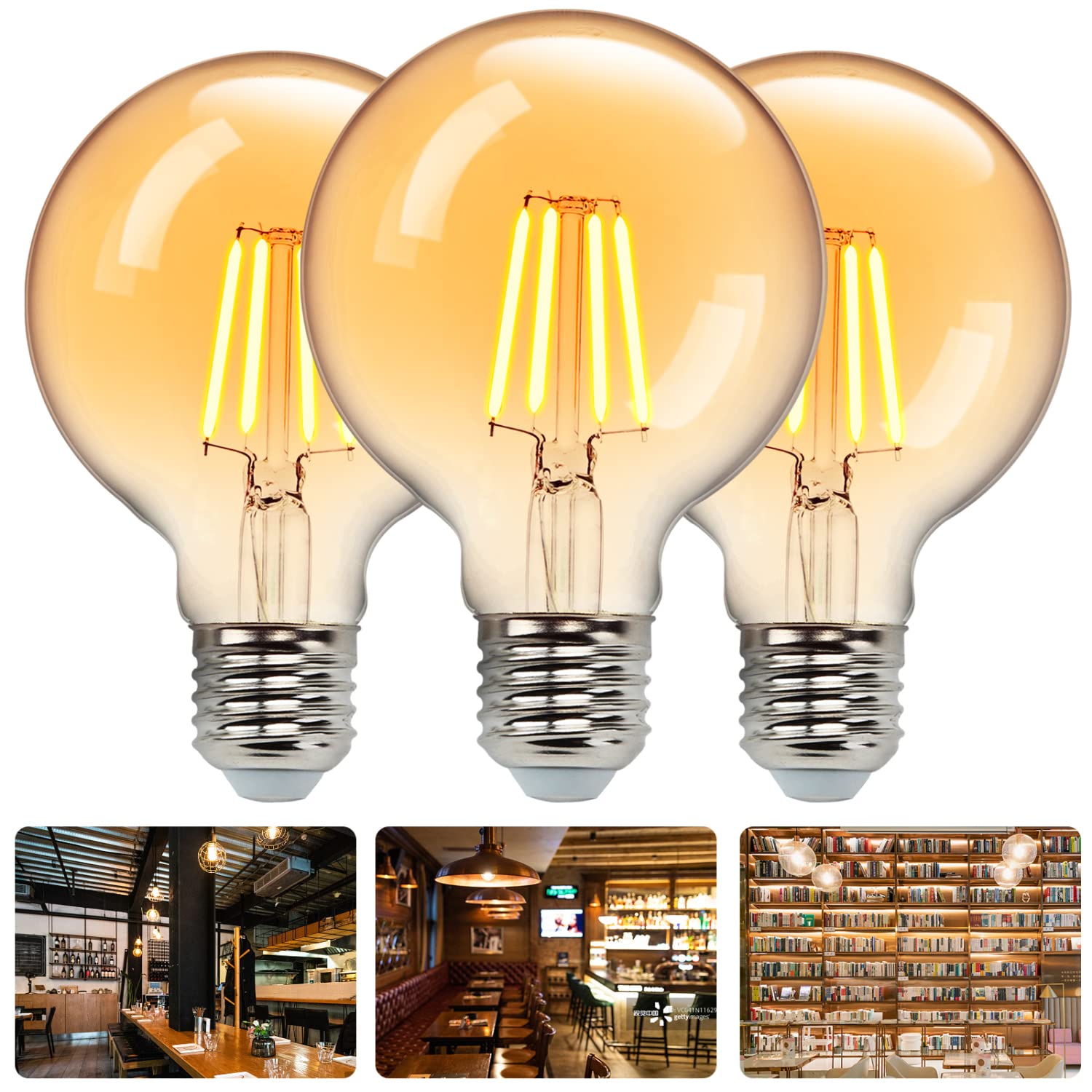 Aigostar Edison Lampadine LED E27, Luce Calda 2200K,6W(equivalente a 48W),600LM,Lampadine di Filamento G80,Lampade Decorativa Retrò per Bar Caffè Hotel, 3 Pezzo