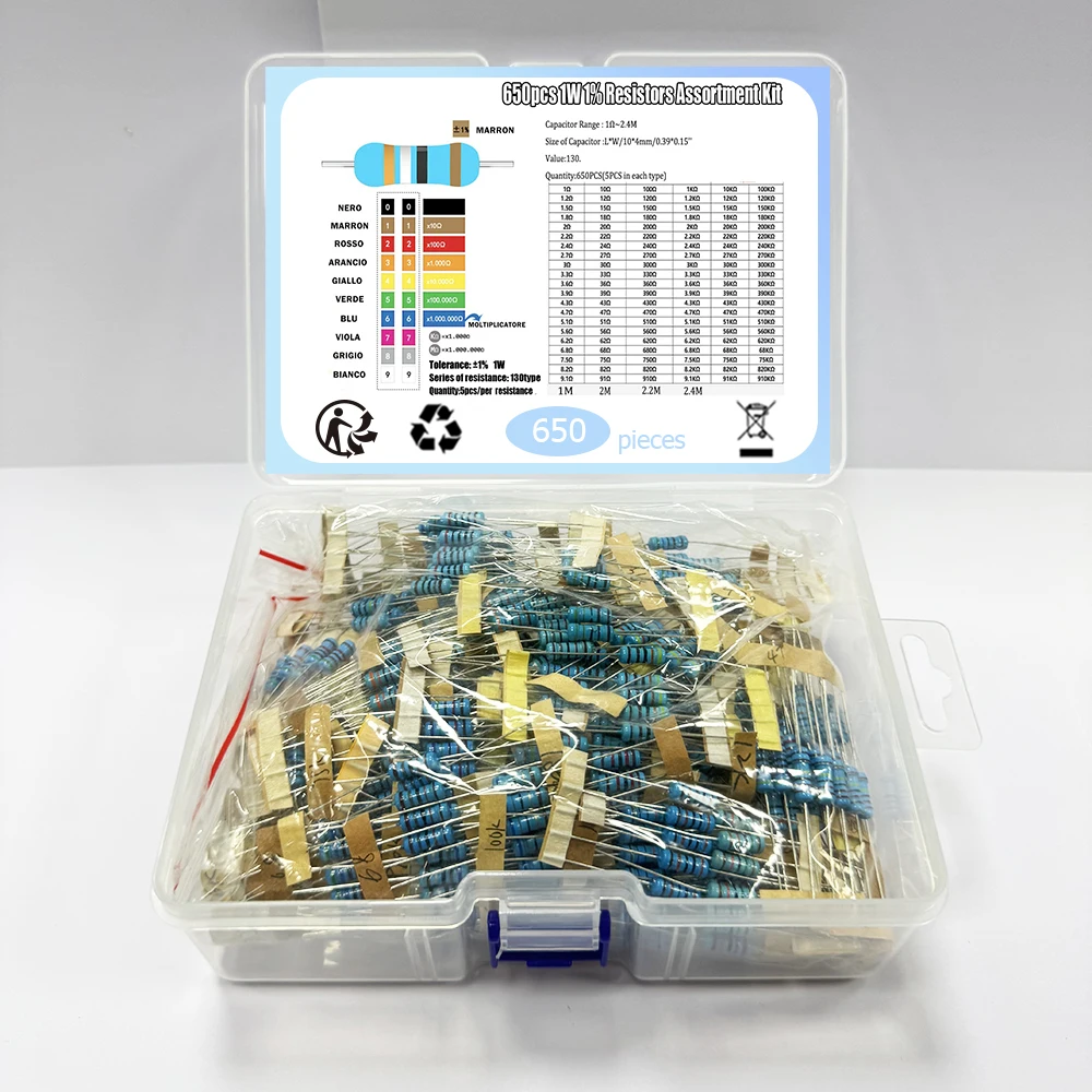 Set di kit resistori a film metallico da 650 pezzi 1W 1% 1R-2.4M 130ValuesX5Pcs
