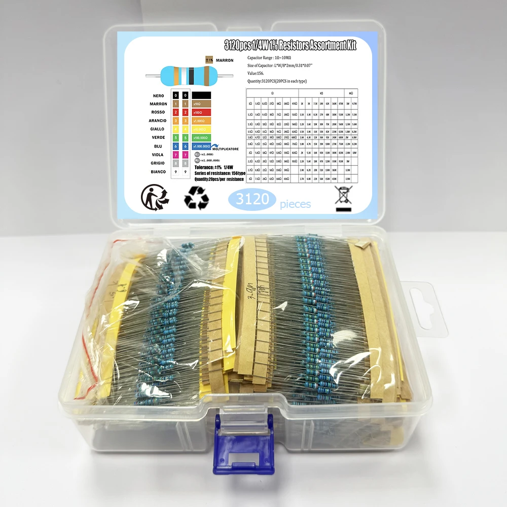 3120 pz 156 Valore 1/4 Watt Kit Assortito Resistore a Film Metallico, 1% Campioni di Resistore Confezione 1 Ohm-10m Ohm Set di Componenti Elettronici Fai da Te