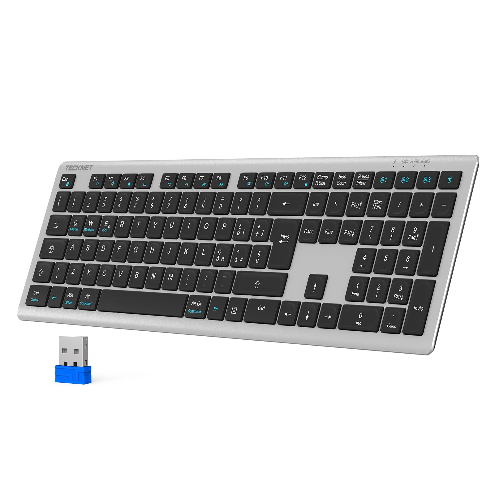 TECKNET Bluetooth Tastiera Wireless, Ricaricabile, Italiano QWERTY, Argento | 4 Commutazione Dispositivo(2.4G+BT), USB C Ricaricabile, Full-Size Ultra Sottile, per PC/Tablet/Windo…