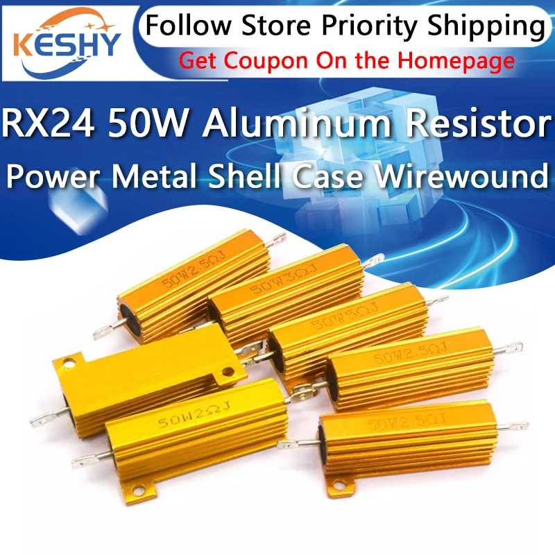 Resistore a Filo Avvolto RX24 50W in Alluminio con Scatola Metallica 0.01R ~ 100K 1 6 8 10 20 200 500 1K 10K ohm RX24