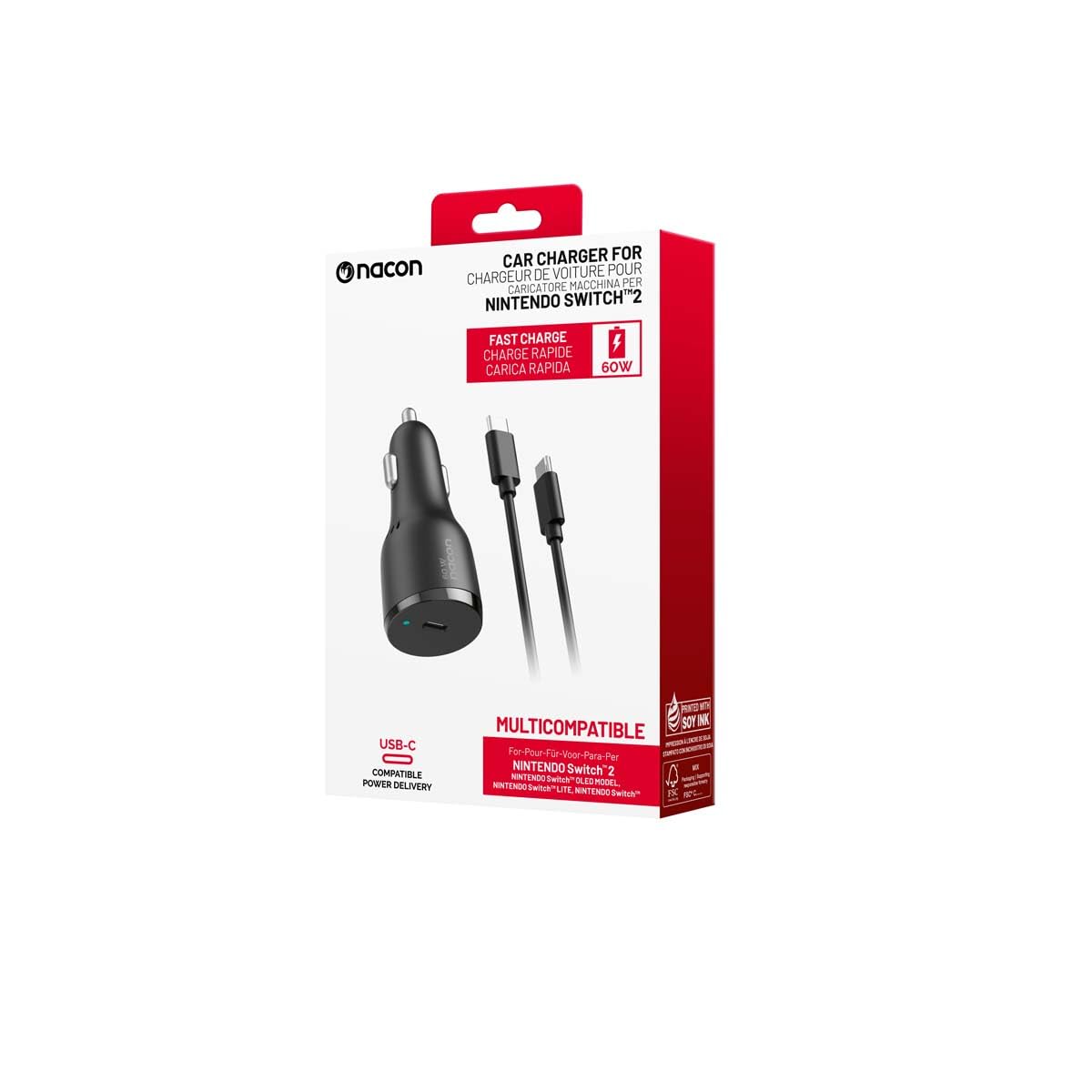 Nacon Adattatore di ricarica rapida per auto progettato per Nintendo Switch e Switch 2 compatibile con smartphone, tablet e PC portatile, Power Delivery 60 Watt