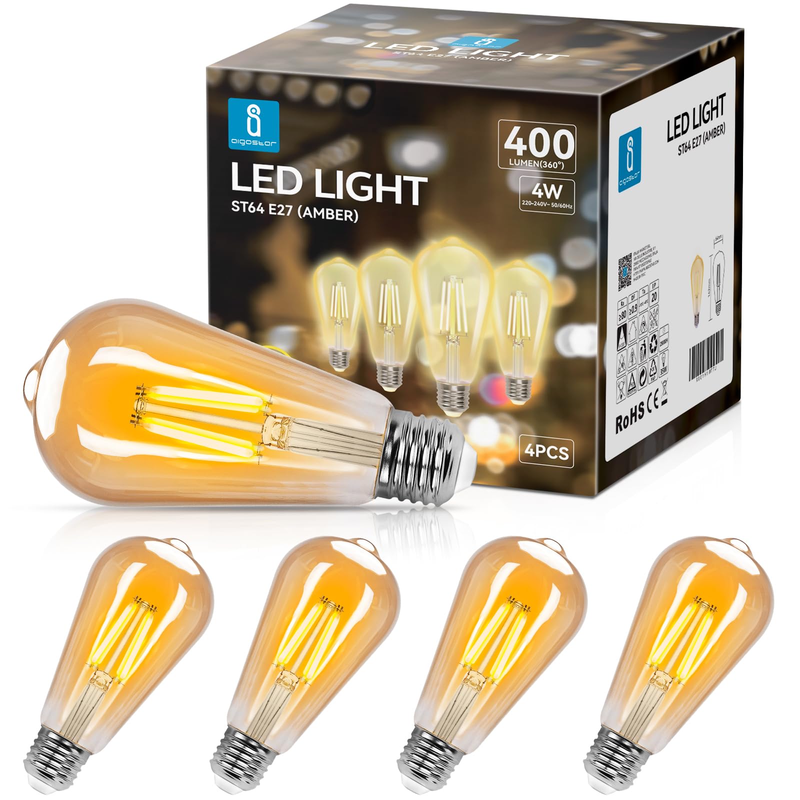 Aigostar ST64 Lampadina Stile Decorazioni Vintage Edison, Lampadina Led E27 Da 4W(Equivalente A 35W), 2200K Lampadina A Filamento Led Bianco Caldo, 400 Lumens,Non Dimmerabile,Conf…