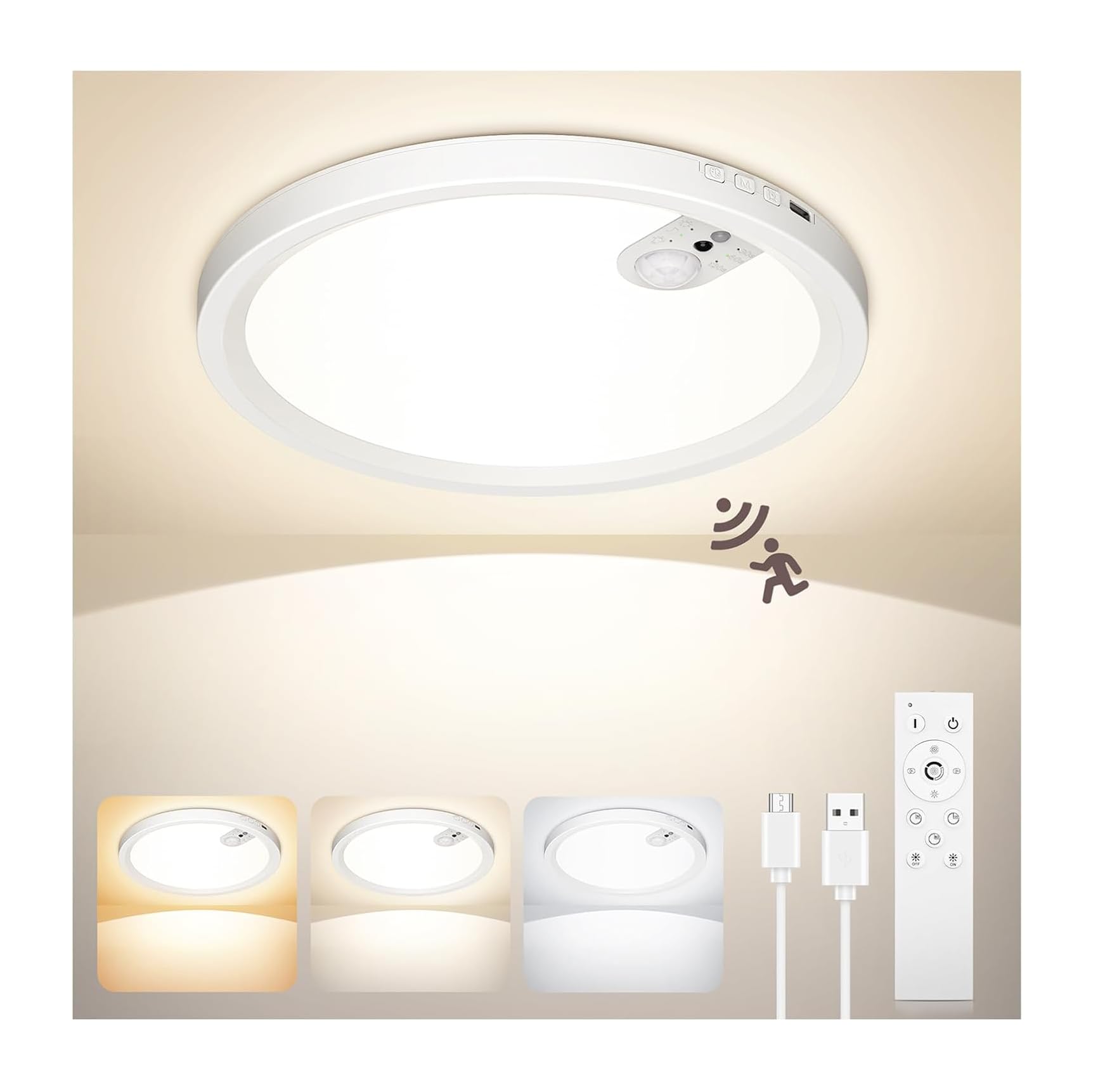 Uwithm Ricaricabile Plafoniera con Sensore di Movimento Ø22CM | LED Lampadario Soffitto Rotonda 7000mAh Batteria 3 Temp Colore Dimmerabile Telecomando Timer Bagni/Corridoi/Garage