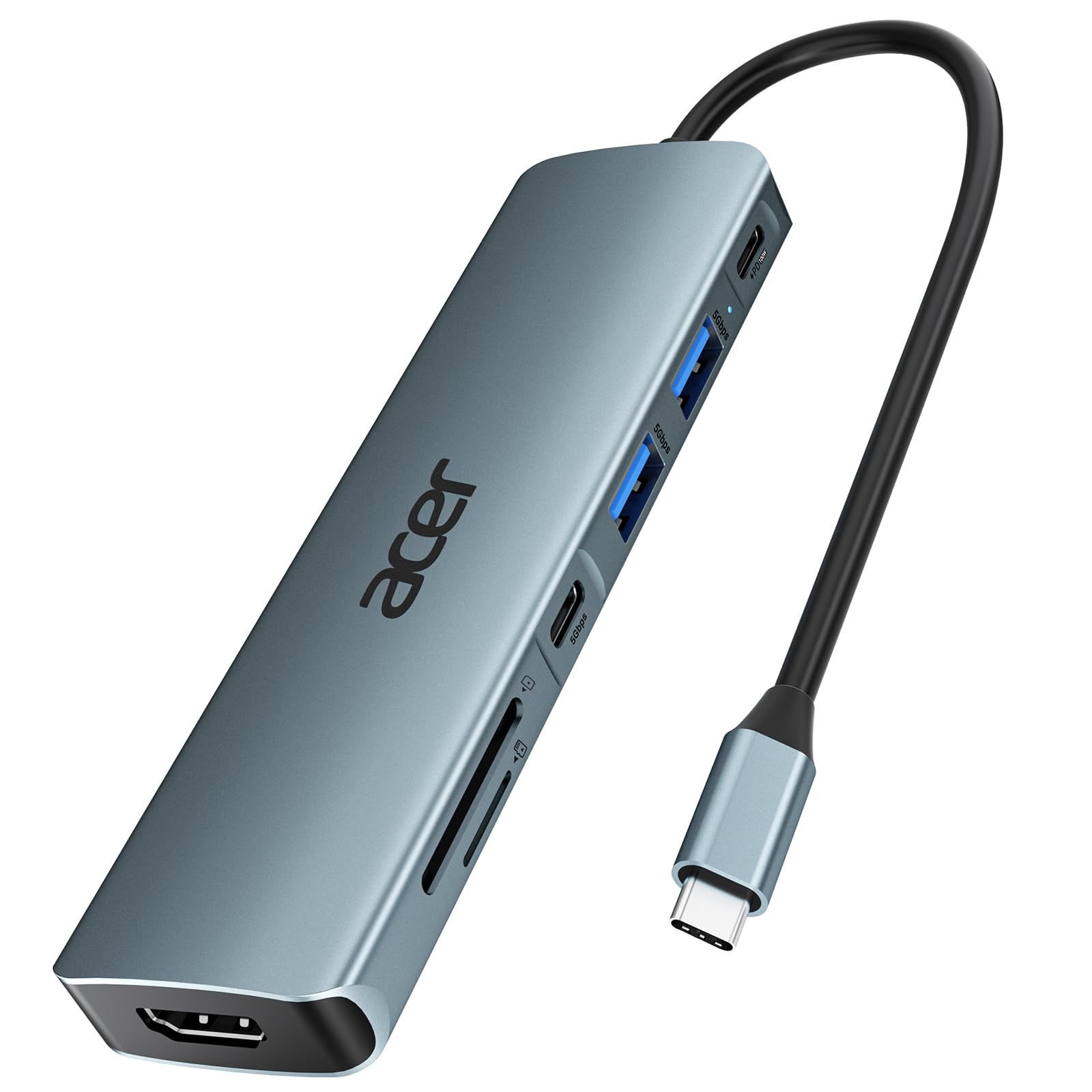 Acer Hub USB C 7 in 1, Adattatore USB C con HDMI 4K, PD 100W | Lettore Schede SD/TF, 2 USB-A 3.0 5Gbps, Adattatore multiporta USBC Compatibile con iPad Pro, iPhone 17 Pro Max, Gal…