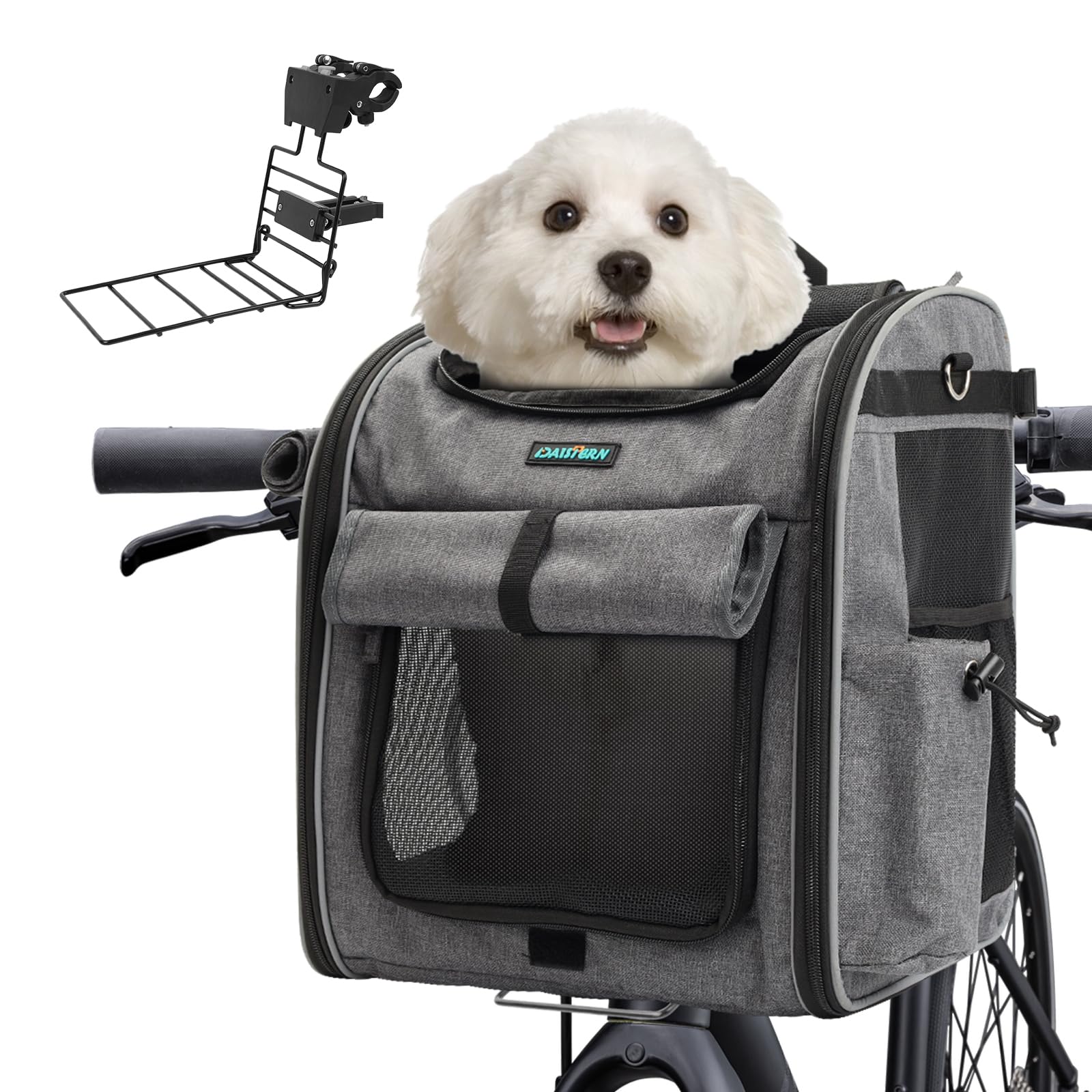 DAISTERN Cestino da Bici Anteriore per Cani Gatti fino a 10KG con Supporto L Ultra-Resistente Φ55mm, Zaino per Animali Domestici con Cerniera SBS, Finestre in Rete Traspirante, Cu…