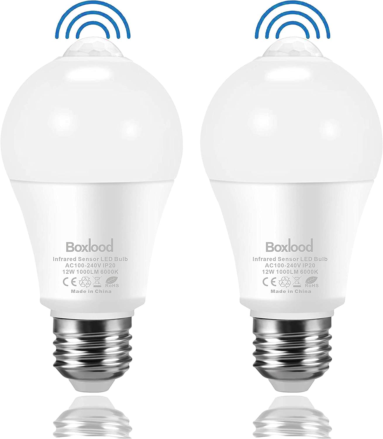 Boxlood Lampadina del Sensore, PIR Sensore Movimento LED, 12W equivalente 100W, 6000K Bianco Freddo, Porta d'ingresso Luce di sicurezza per Garage, Seminterrato, Scale, Corridoio,…