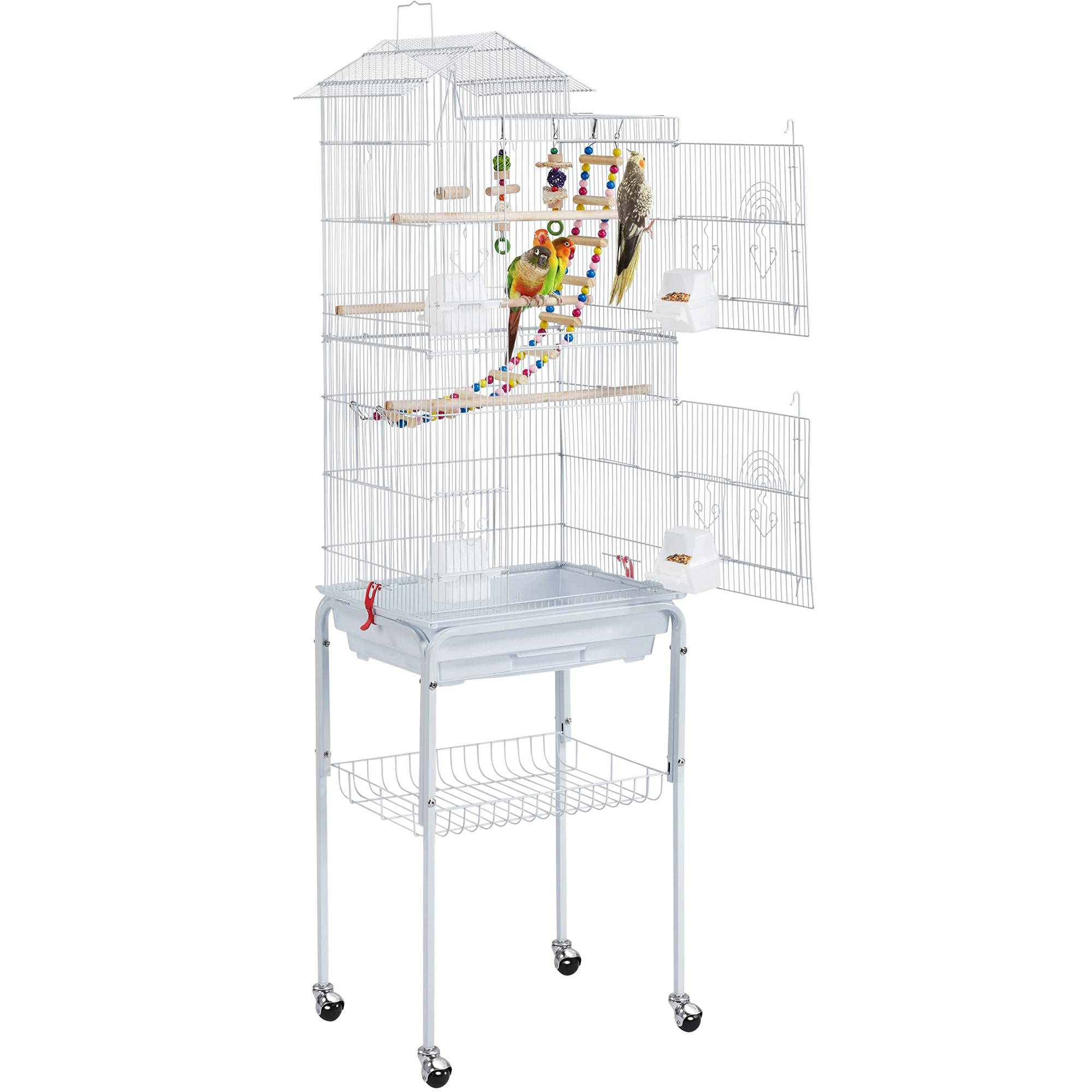 Yaheetech Gabbia Uccelli Metallo Legno Ruote 46 × 35,5 × 158,5 cm Bianca | Dotata di Piedistallo, Posatoi in Legno e Giocattoli, Adatta Interno‑Esterno per Pappagalli, Inseparabil…