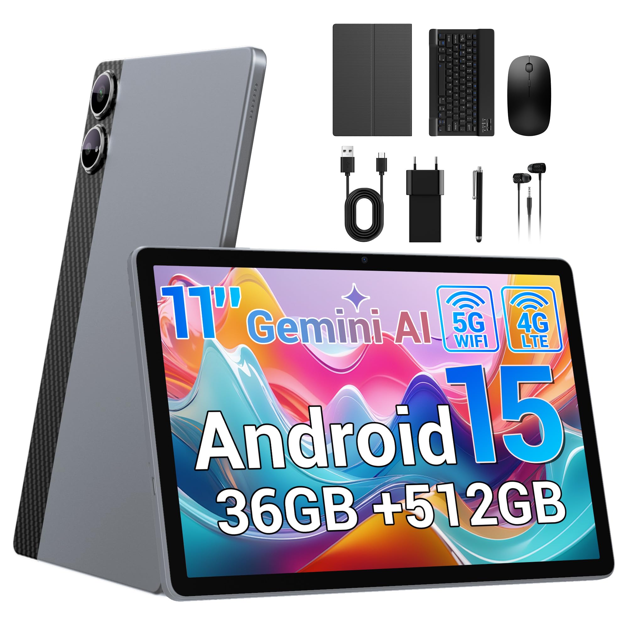 BEYNIVAN Tablet11 Pollici Android 15 tablet con 4G LTE/5G WiFi,36GB RAM+512GB ROM+1TB Espansione,Gemini AI,9580mAh,13MP+8MP,BT 5.0/GPS/Split-Screen/Face ID/Tab con Tastiera,Grigio