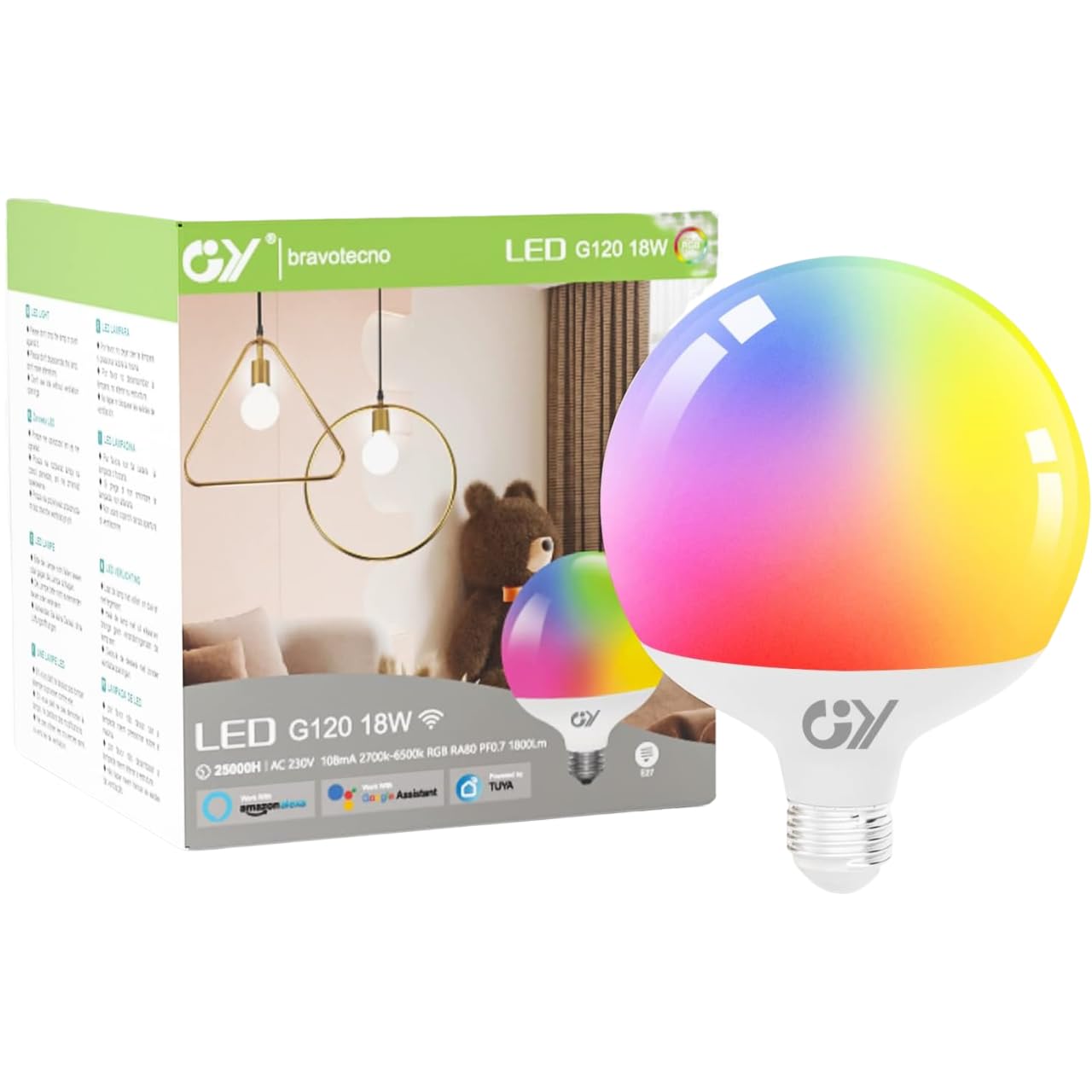 GY Lampadina WiFi Smart globo,18W lampadine a E27 casa intelligente 1800LM,Multicolore regolabile RGBCW dimmerabile bulbo, applicazione di controllo 2700k-6500k, Compatibile con A…