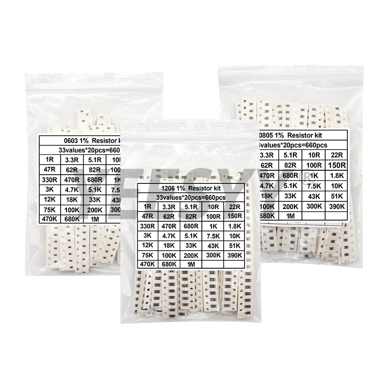 Kit di resistori SMD assortiti da 660, 200, 720, 4000 pezzi, 1% 5%, 0402 0603 0805 1206 1210 2512, 10k 100k 1k 1r 100r 220r