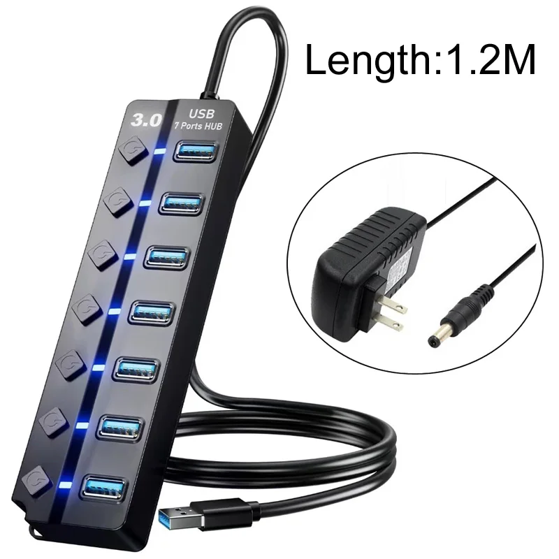 Adattatore di alimentazione USB 3.0 da 120 cm Hub multi splitter a 4/7 porte Hub USB Espansore interruttore Docking station da 30 cm AC 5 V 2A Cavo di alimentazione CC +