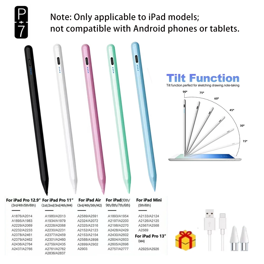 Penna Touch P+7 dedicata per iPad 10 / iPad Pro / iPad Air / iPad Mini 4/5/6/7, stilo per disegno, scrittura e prendere appunti.