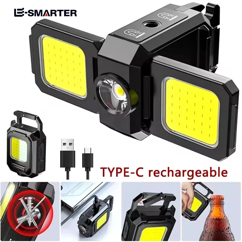 Torcia Mini Portachiavi Luce COB Lampada da lavoro Lampada ricaricabile USB con 90 ° Luci laterali pieghevoli Lanterne portatili super luminose