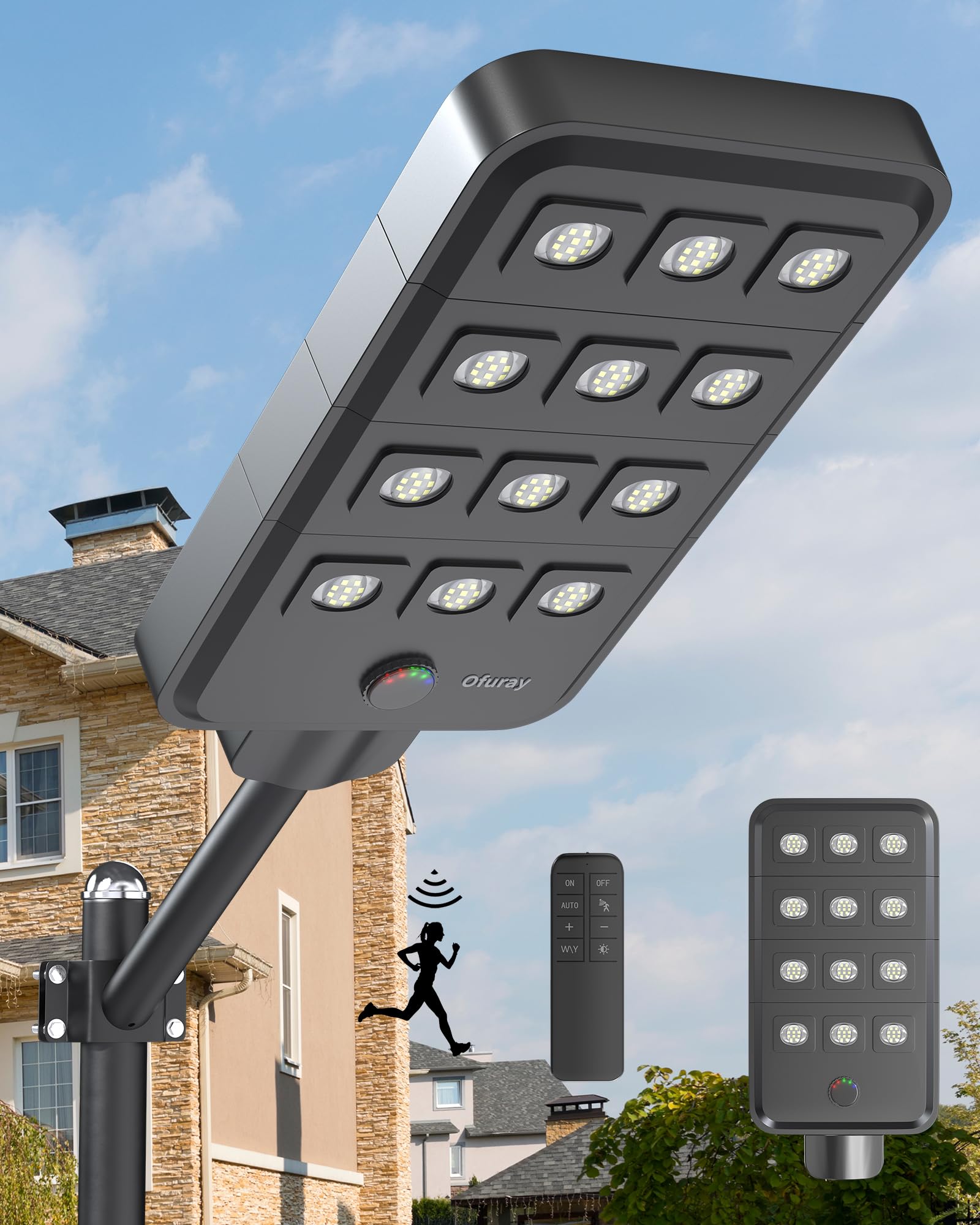 Ofuray Of-12600W Lampione Solare Led Esterno con Sensore di Movimento e Crepuscolare, 6500K Super Faro Led Esterno, Impermeabile IP67 Commerciali Lampada Stradale Solari per Giard…