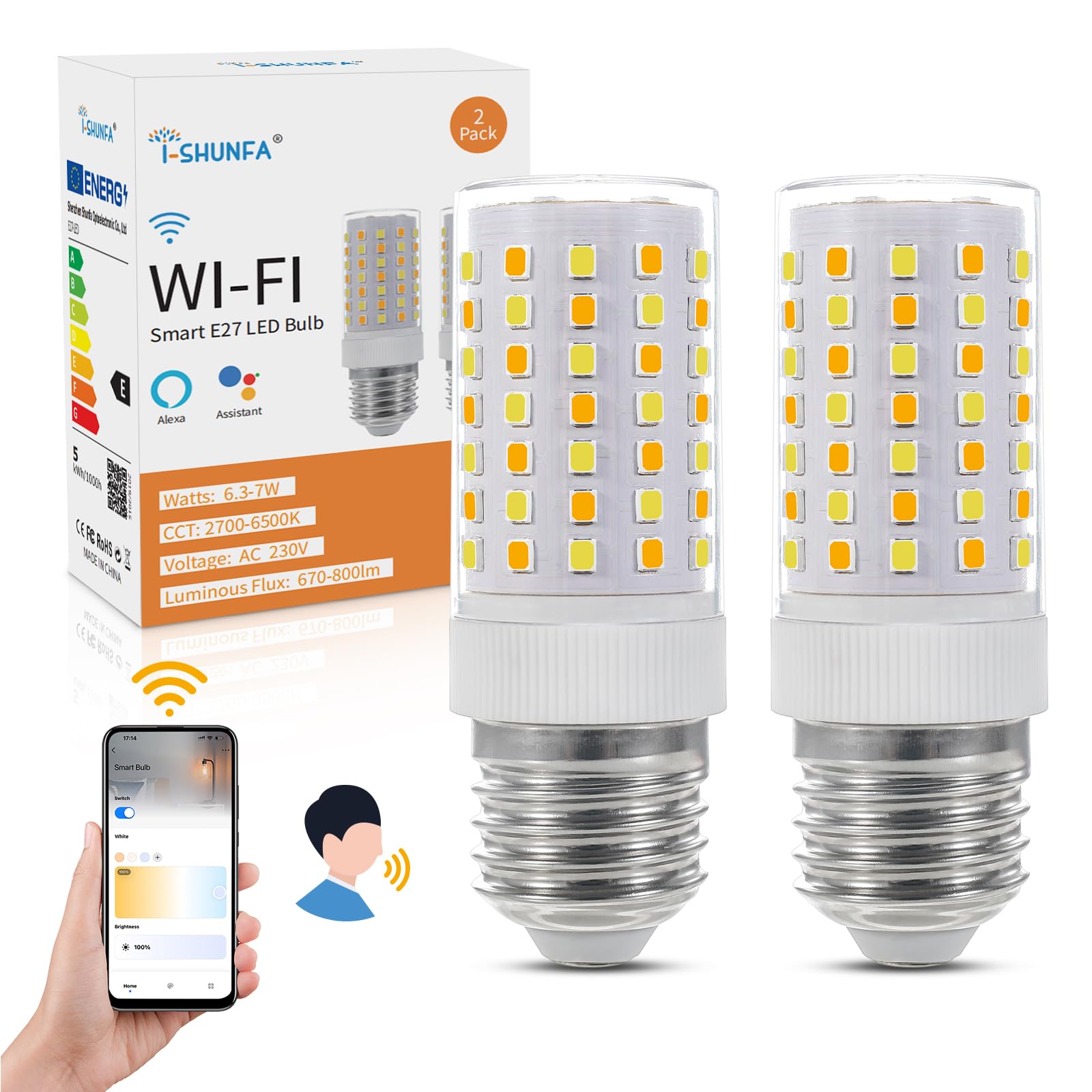 Lampadina LED Smart E27,6.3-7 W,670 lm-800 lm,AC 230 V,2700 K-6500 K | luminosità regolabile 1%-100% Smart Home LED pannocchie (confezione da 2)