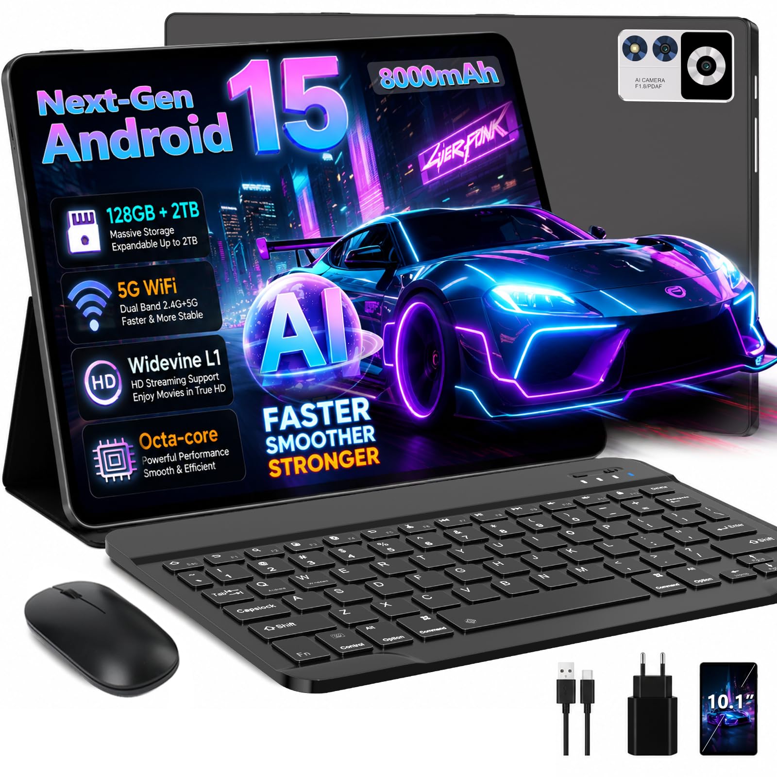 ZIOVO Tablet 10 Pollici Android 15,30GB RAM+128GB ROM(TF 2TB),5G WiFi Tablets,Octa-Core 2.0 GHz/Gemini AI/Widevine L1/8000 mAh/Bluetooth 5.0/GPS/Face ID/2 in 1 Tablet con Tastiera…