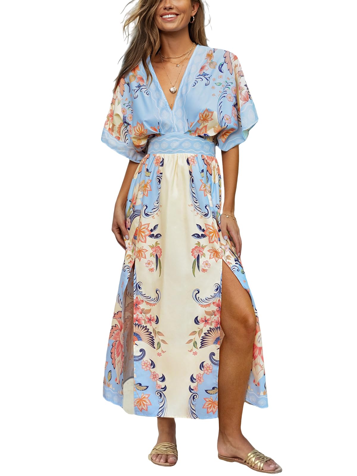 CUPSHE Maxi abito estivo da donna, stile boho, con scollo a V, mezza manica a dolman, vita imperiale, spacco laterale, prendisole per vacanze e spiaggia
