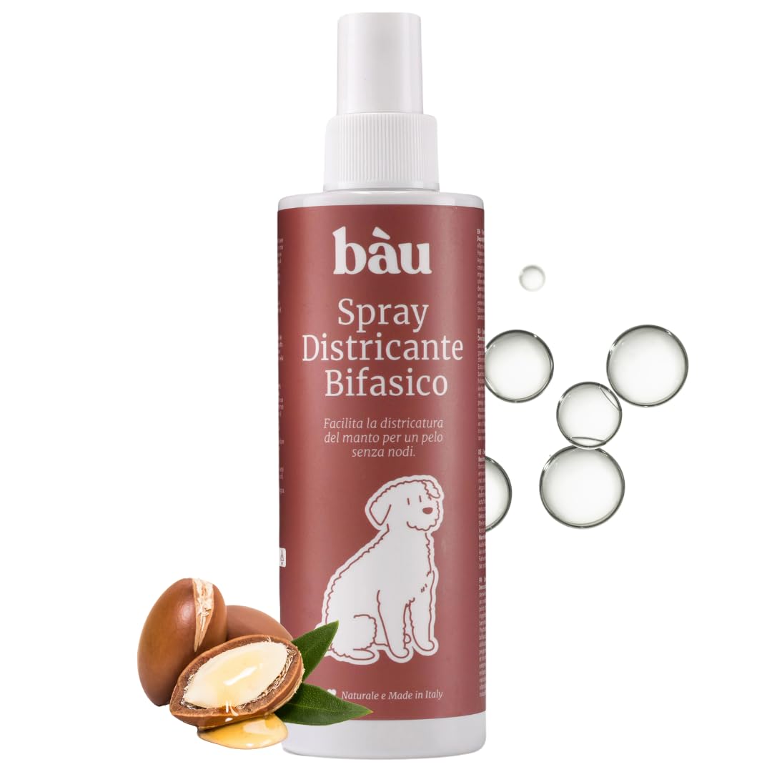 Bau Spray Sciogli Nodi Pelo Cane Senza Risciacquo - Districante per Cani Bifasico con Acido Ialuronico e Olio di Argan - Ideale Scioglinodi Cani a Pelo Lungo Luminoso