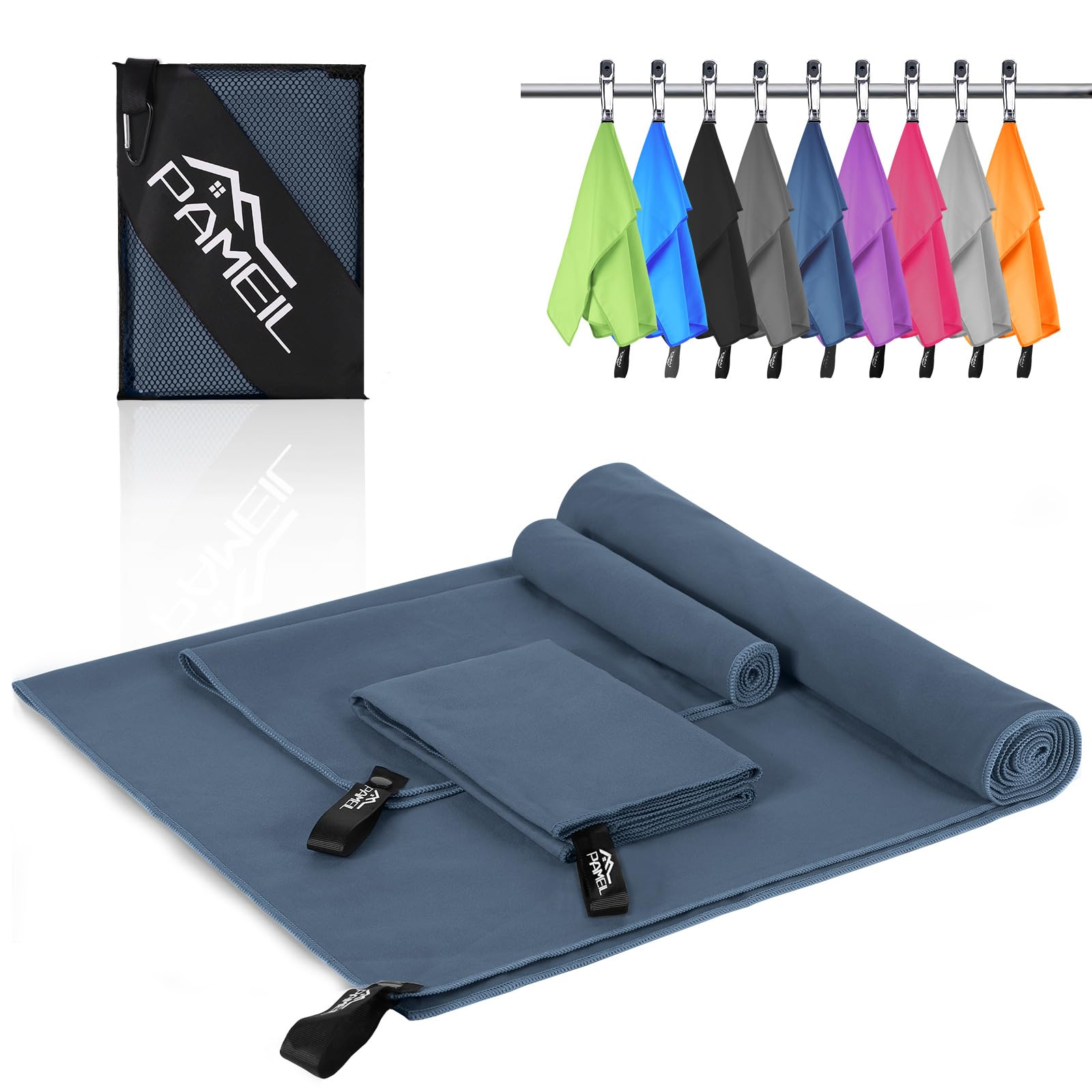 Pameil Set di 3 asciugamani in microfibra (grande asciugamano da bagno da 160 x 80 cm e 2 asciugamani piccoli da 80 x 40 cm), asciugamano da viaggio, asciugamani in microfibra ad…