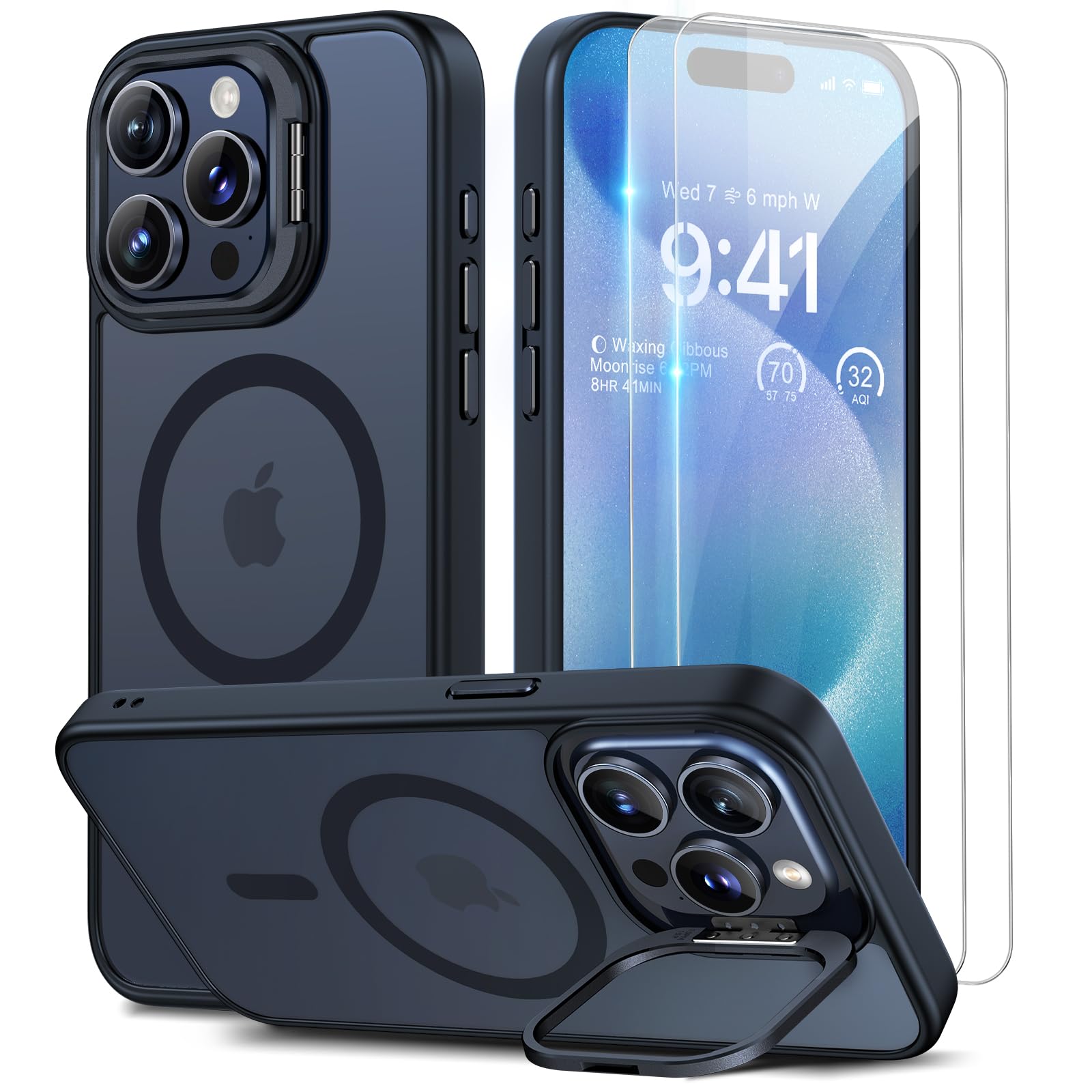 Beeasy Cover per iPhone 15 Pro MagSafe con Cavalletto, Custodia con 2 Pezzi Pellicola Vetro Temperato per iPhone 15 Pro Magnetico Militare Antiurto Protezion Case,Traslucida Nero