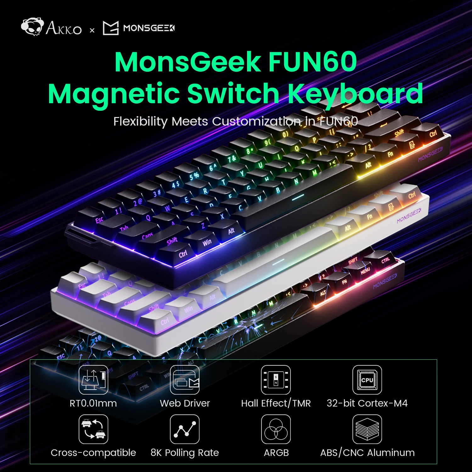 Akko MonsGeek FUN60 Tastiera meccanica Interruttore magnetico Tastiere da gioco 60% Trigger rapido 0.01mm 8K ARGB HE/TMR Tastiera personalizzata